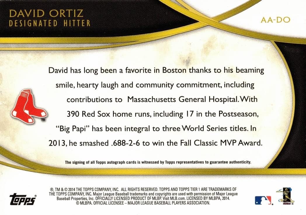 2014 Topps Tier One Acclaimed Autographs #AA-DO David Ortiz Certified Autograph Baseball Card - Only 50 made!
