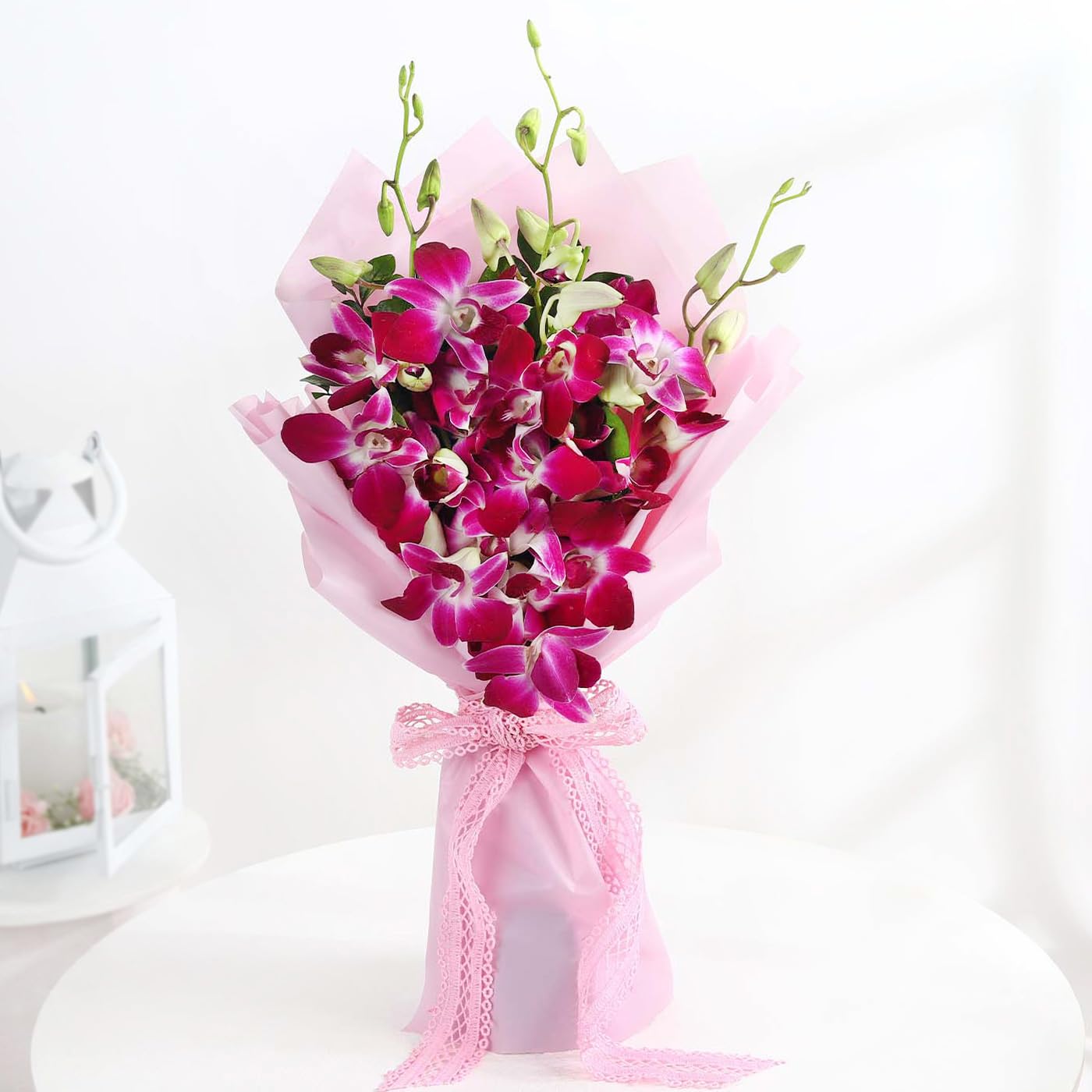 IFG's Bouquet of 6 Purple Orchids in Pink Paper Wrapping. | Send it on Birthday, Marriage Anniversary, Mother's Day, Valentine's Day, Congratulations & Retirement. India-wide Delivery in 4 hrs-image-24