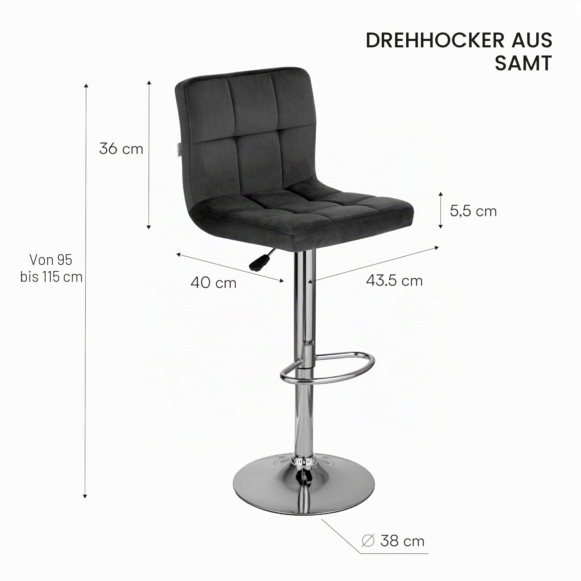 Baroni Home gepolsterter Barhocker oder Küchenhocker, verstellbar und drehbar um 360°, mit Rückenlehne und Fußstütze, Gestell aus verchromtem Stahl, Grau Samt, 1 Stück