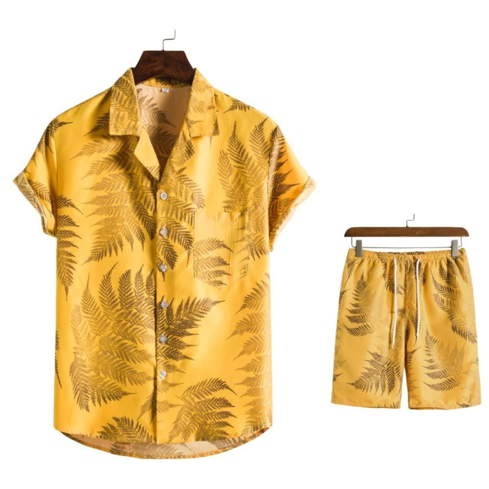 Camisa Hawaiana Hombre, Camisa Hawaiana Para Hombre Y Pantalones Cortos De Playa Hawaianos Conjunto De Hojas De Plantas Amarillas De Algodón Trajes De Hawaii Camisa De Playa De Manga Corta Casual Y