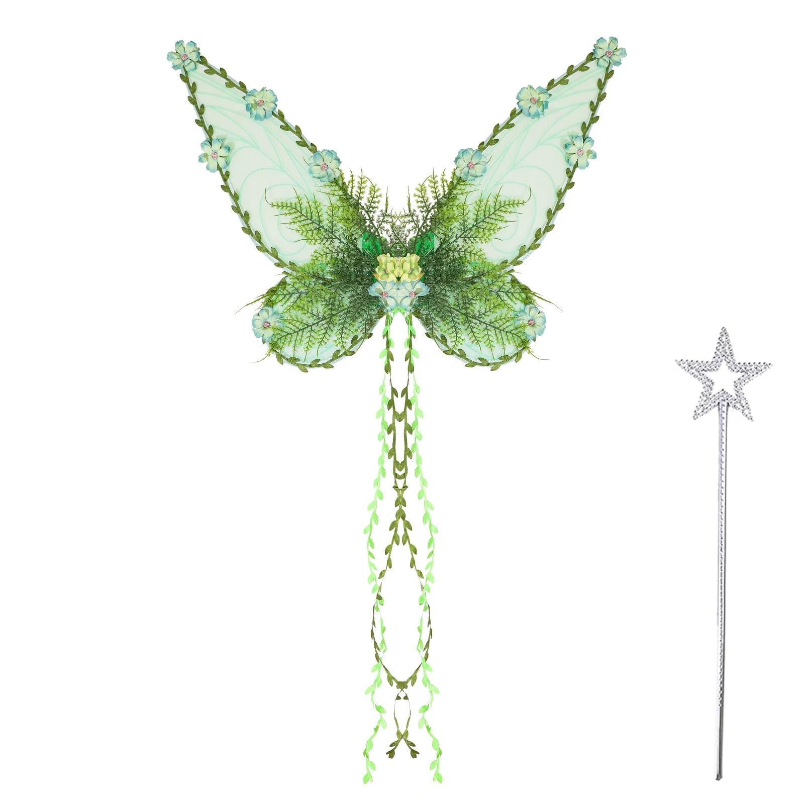 Zenova Halloween Forest Fairy Wings for Women Girls - Girls Flower Fairy Butterfly Wings,Creative Butterfly Wings with 3D Floral Vine Leaf Design,Flowers and Leaves Decor for Cosplay,Parties (Green#)