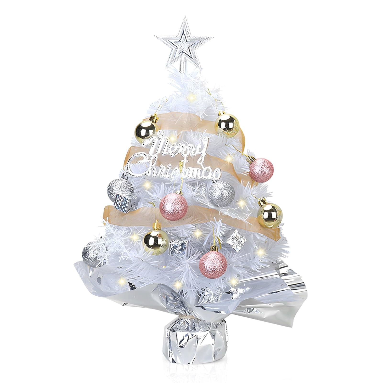 24inch/2ft Mini Christmas Tree, Tabletop Artificial Christmas Tree, with Led String Light，Ornaments，Artificial Xmas Tree for Home Indoor Decor(White,24 inch)