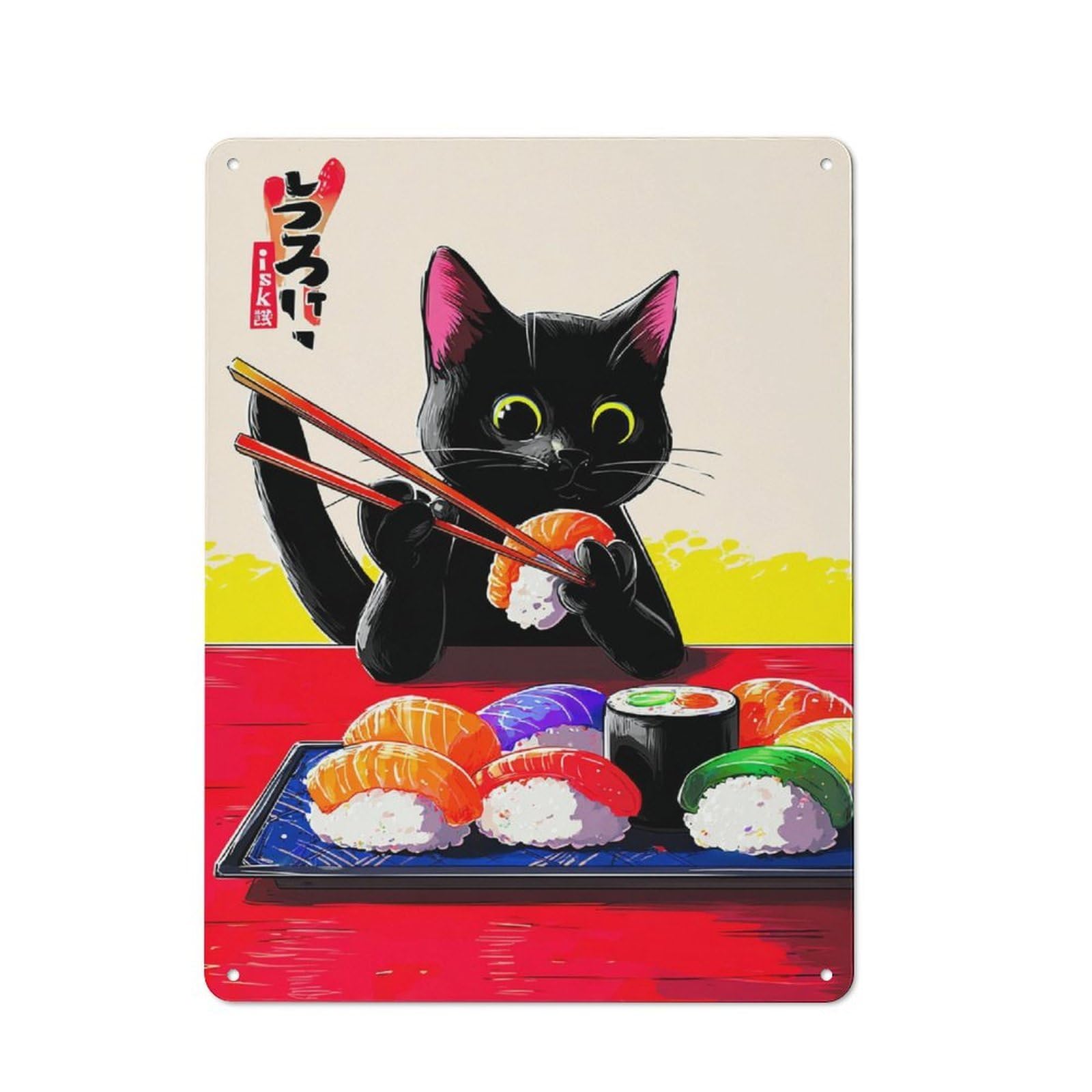 Junmoney Sushi Cat With Chopsticks Country Vintage Metal Wall Decor 40X30cm, Decorative Tin Sign For Cottage, Kitchen, Hallway Or Breakfast Nook