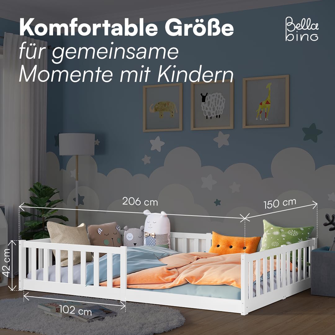 Bellabino Vere Bodenbett 140x200 cm – Montessori Kinderbett mit Rausfallschutz & Lattenrost – Massives Kiefernholz Bett Weiß