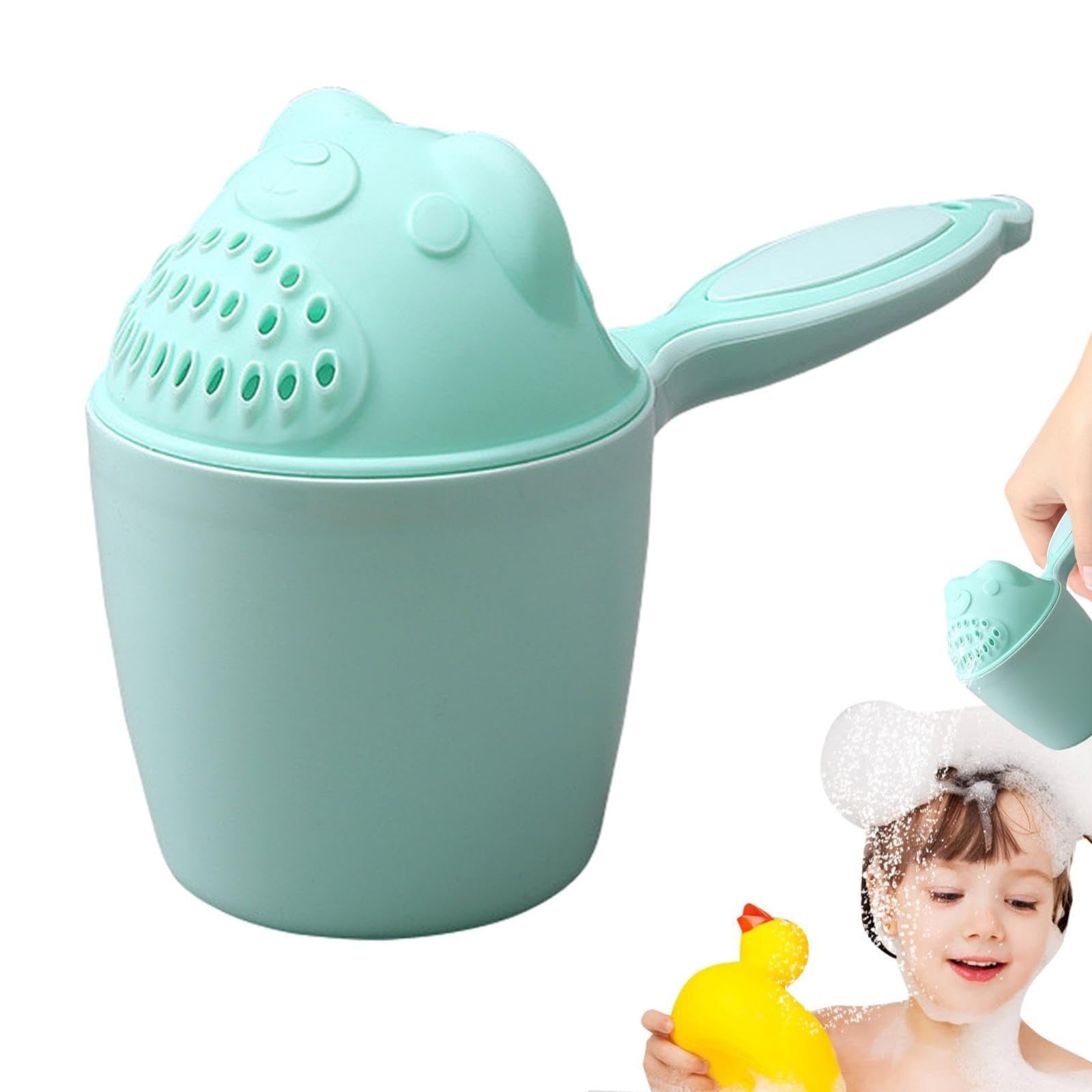 Bath Rinser For Babies,Gentle Shower Rinser with Strainer,Anti-Splash Design,Thickened Cartoon Rinsing Cup For Kids Girl Boy,for Baby Bath Time,Toddler Hair Washing & Outdoor Water Play (Green)