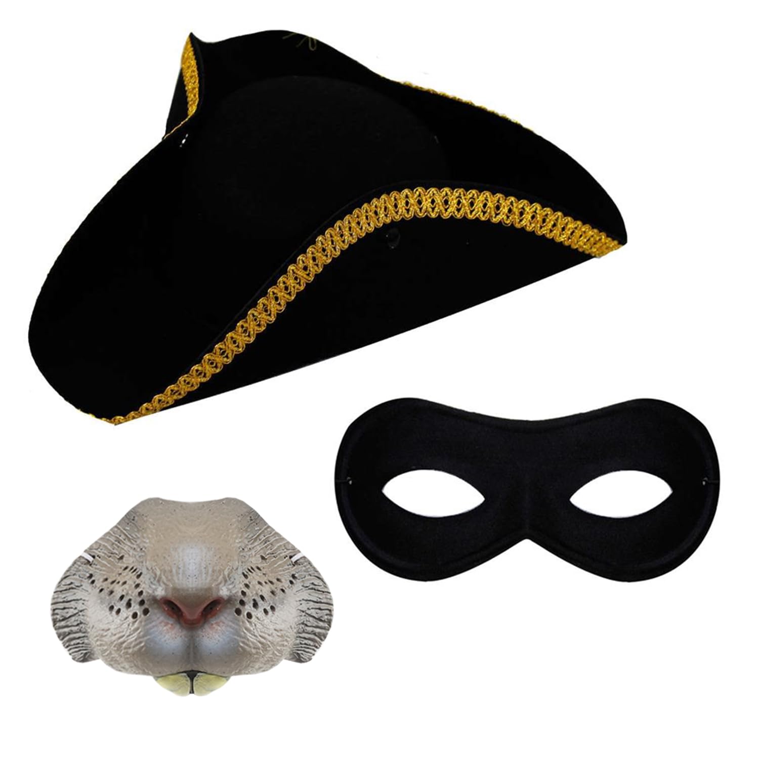 Adults Highwayman Rodent Accessory Set - Black Tricorn Hat with Gold Trim, Rat Nose, Black Eye Mask - Mens Womens Halloween World Book Day Fancy Dress Costume Accessories