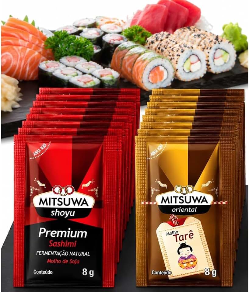 Kit Molhos Mitsuwa com 100 Sachês – Shoyu Premium + Tarê para Sushi, Temaki e Delivery e consumo em casa.