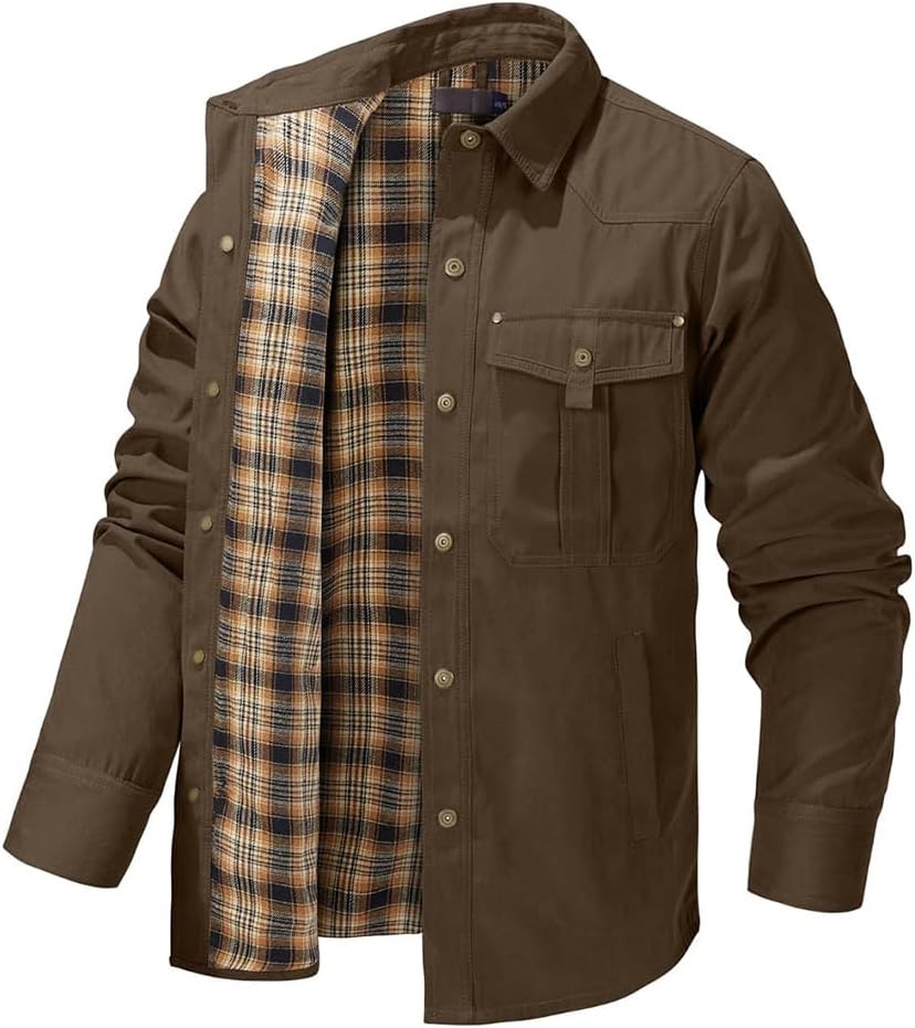 Maylrvjv Men's Casual Shirt Jacket Snap Multi-Pocket Comfortable Soft Long Sleeve Shirts