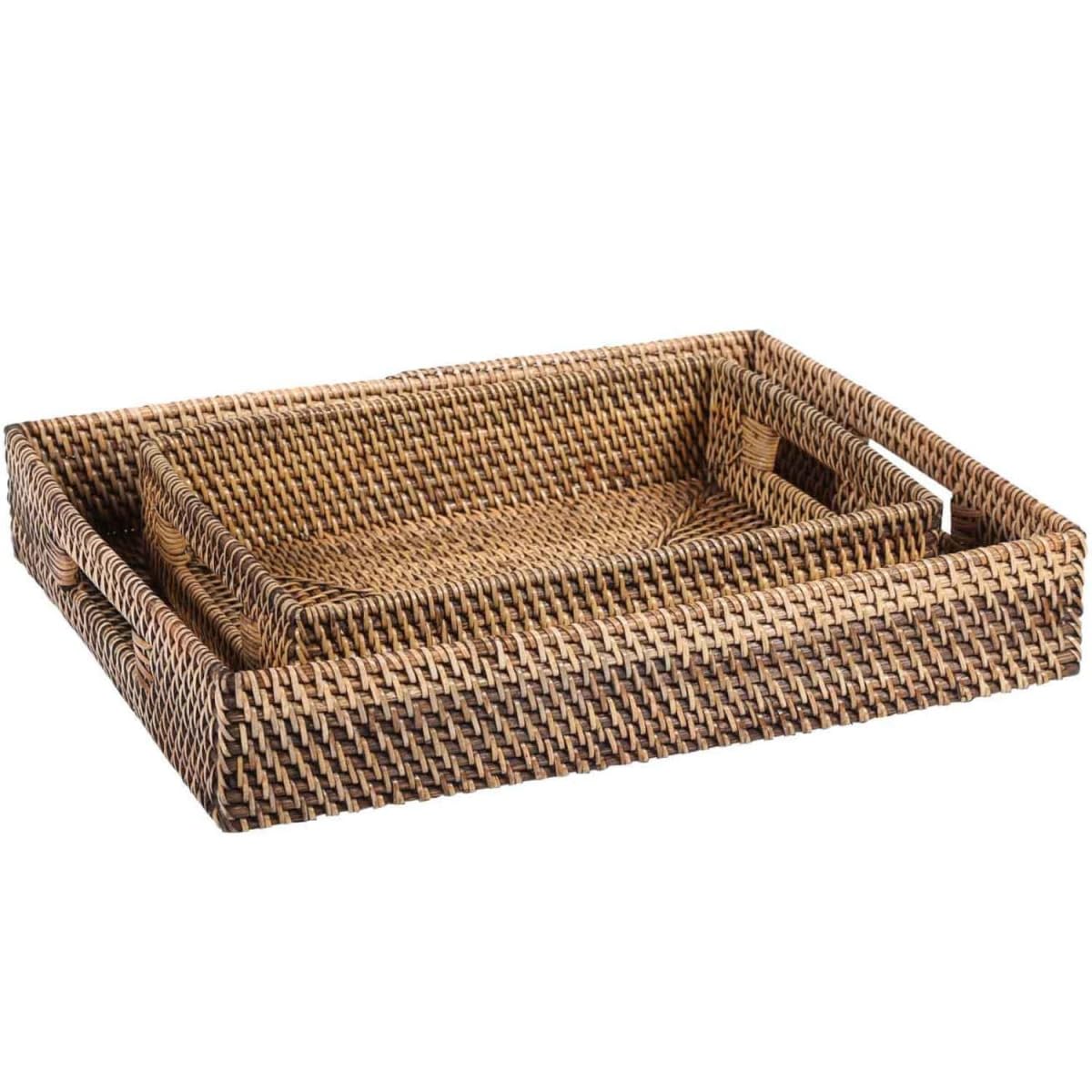 Lisa LOM20050 Lot de 2 plateaux de service rectangulaires en rotin naturel tressé marron | Plateau décoratif pour boissons, petit-déjeuner, service à thé – Plateau décoratif Boho Chic