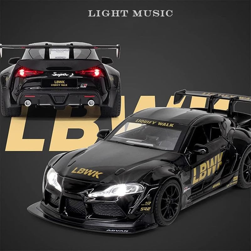 Image of Kids Model 1:24 Toyora Supra Die Cast Metal Car Pull Back Action Opening Doors with Realistic Engine Sound Lights Toy Car Gift for Boys - Black