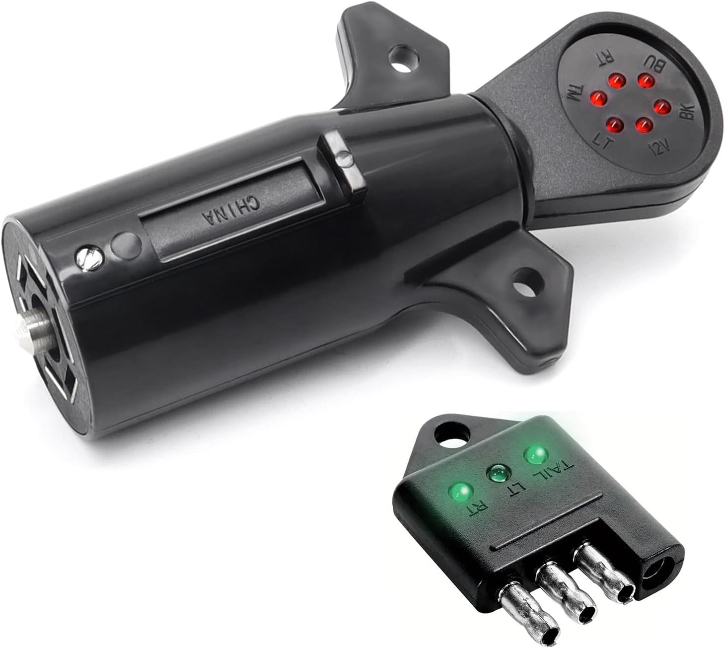 AUTOXBERT 4 Pin Flat 7 Way Trailer Light Adapter Test Plug Brake Tail Turn Signal LED Indicator for Easy Testing, 7 pin Round RV Trailer Light Wiring Circuit Tester Wire Test Tool