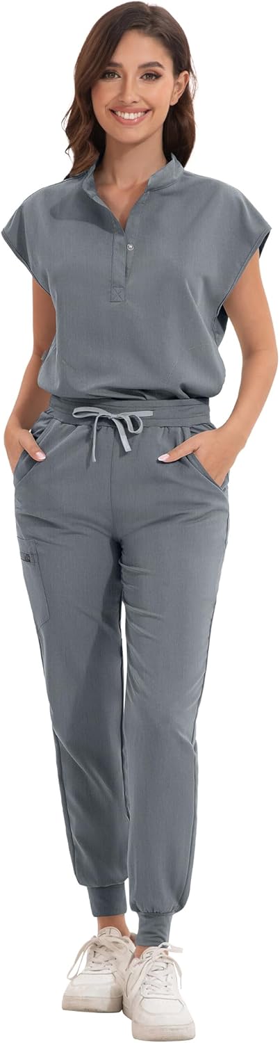 Scrub for Women Set - Stretch Scrub Top & Jogger Pants Mandarin Collar Anti-Wrinkle Scrub Suit Medical Uniform