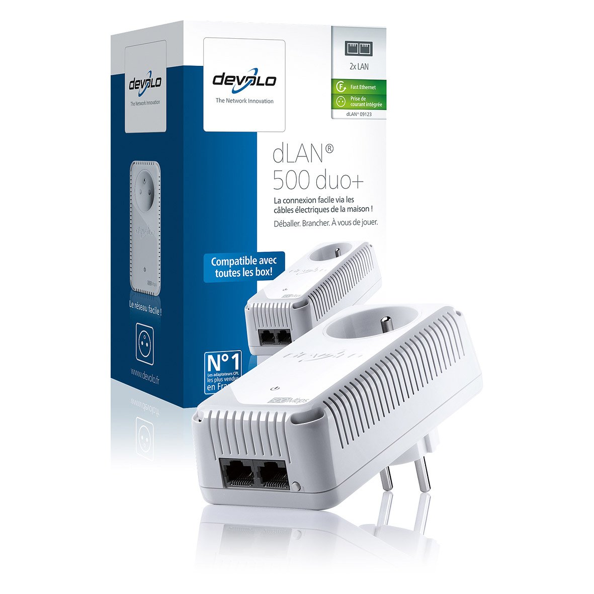devolo 9123 - Pack de 1 adaptateur CPL (dLAN 500 duo+) : 2 ports Fast Ethernet / prise gigogne intégrée