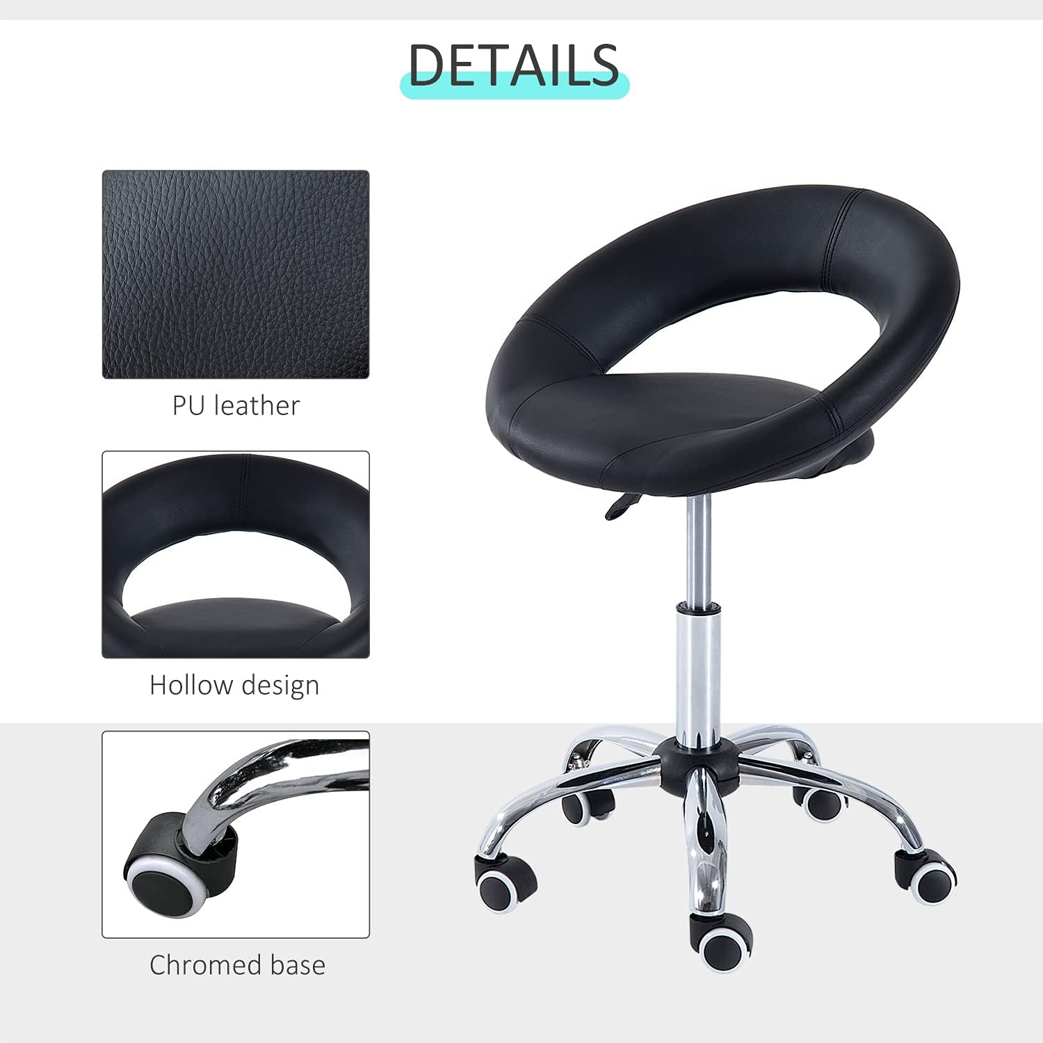 HOMCOM Crescent Rolling Salon Stool with Adjustable Height, Breathable Open Back, Foam Cushion Seat, and 5 Caster Wheels, Black