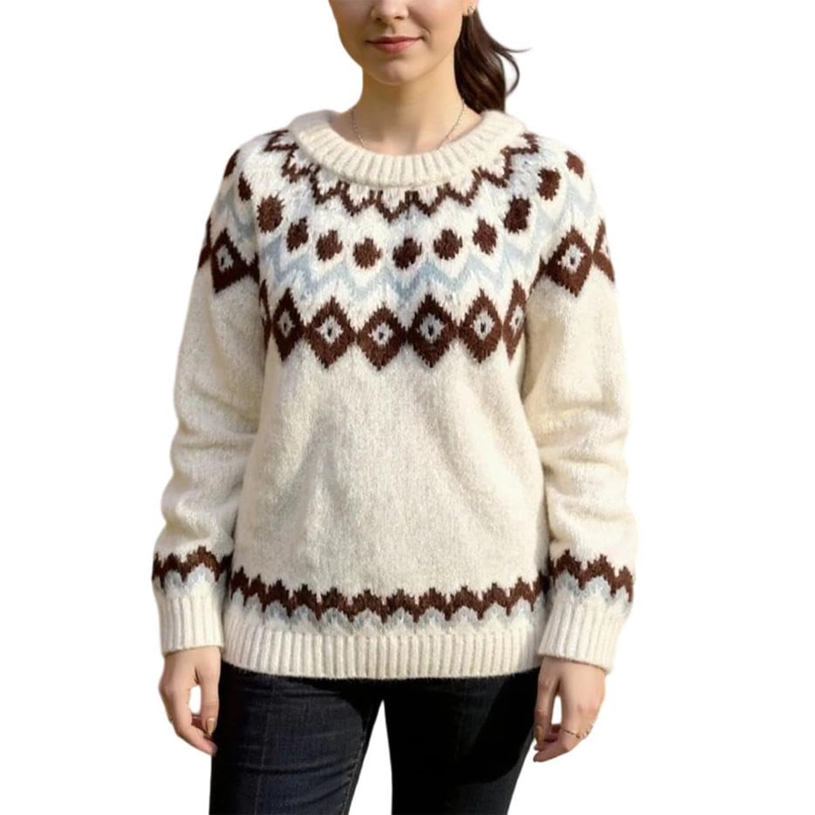 Sweater for Women Knit Boho Retro Winter Fall Fashion Casual Loose Sweaters Crewneck Long Sleeve Trendy Pullover