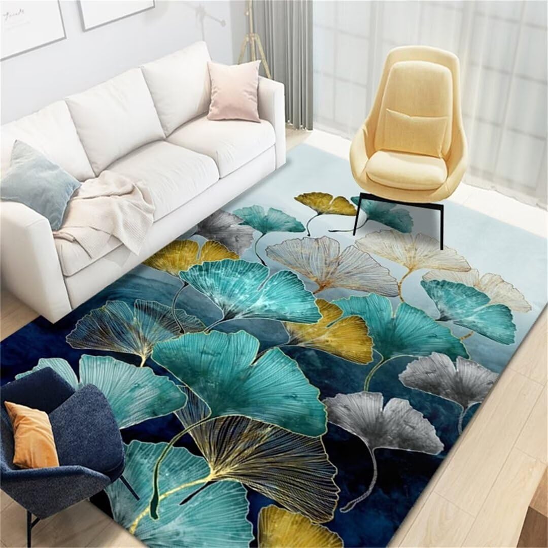 Tapis pour chambre d'enfant motif feuilles vertes fraiches moquette bleu