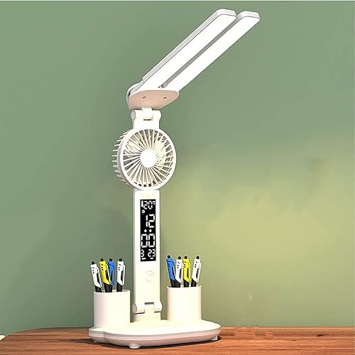 Lámpara de escritorio de aprendizaje con ventilador, reloj, contenedor de bolígrafo, lámpara de noche enchufable, lectura de escritorio, lámpara
