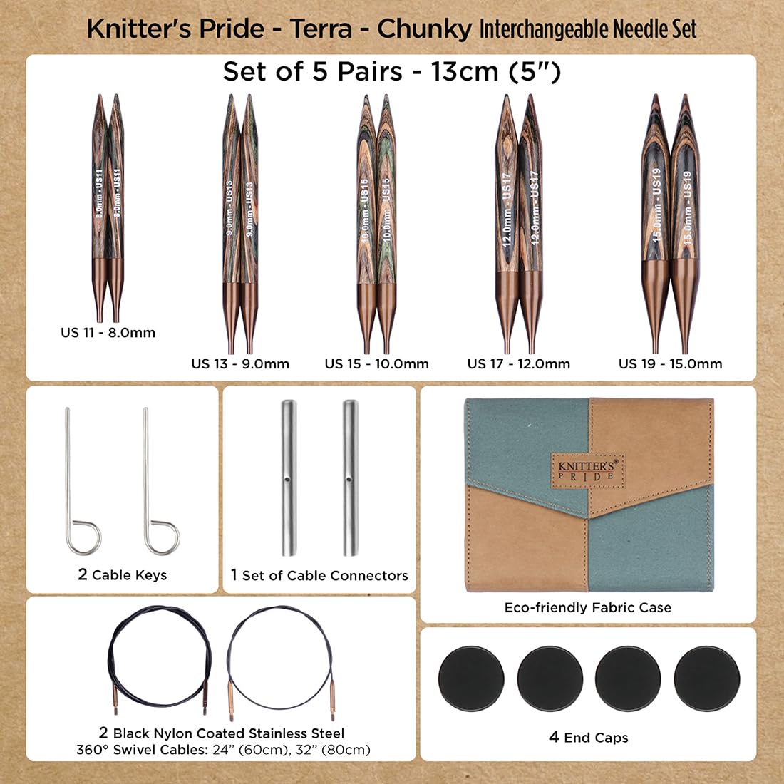Zestaw drutów wymiennych Knitter's Pride Terra Chunky, 13 cm, 8–15 mm