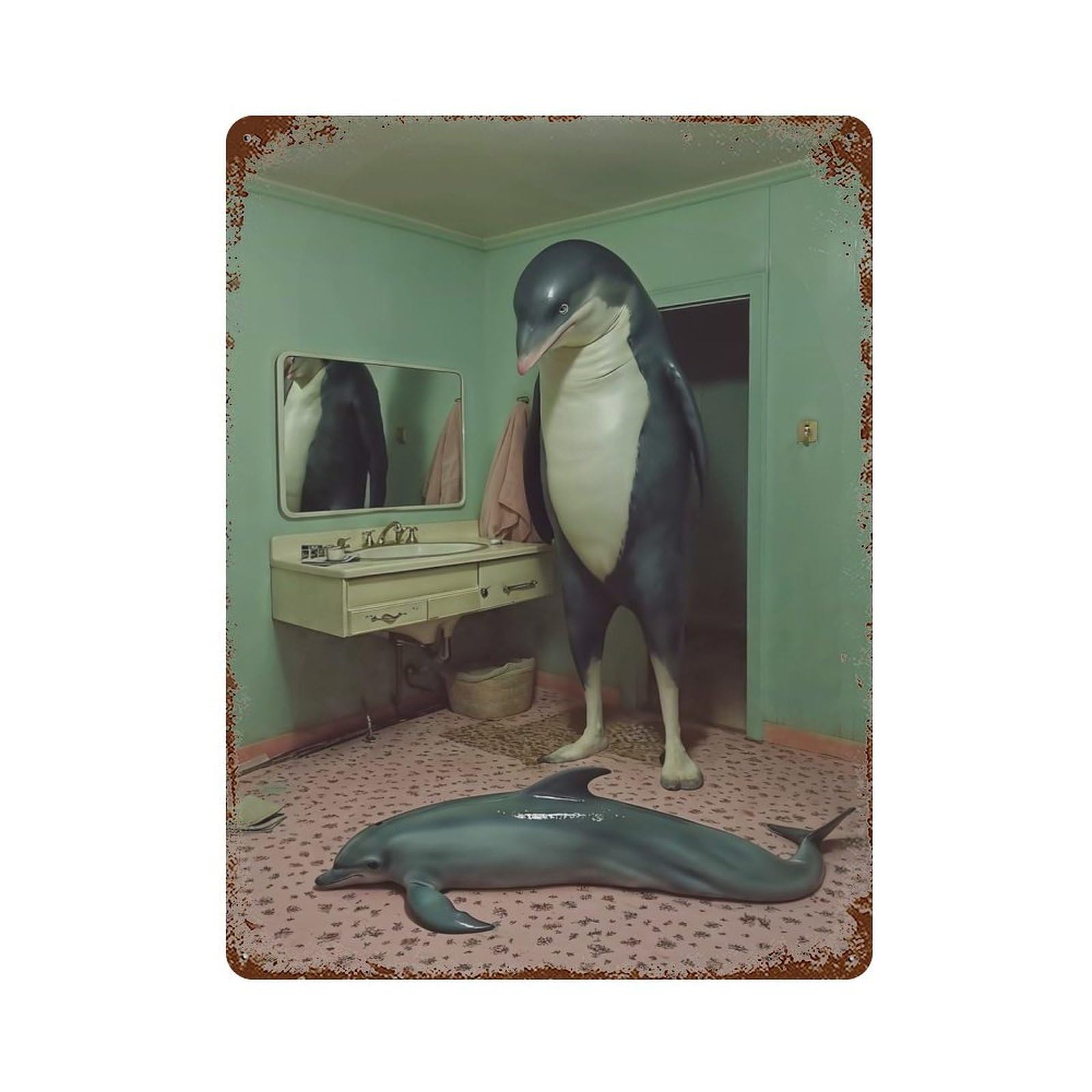 Penguin And Dolphin in Bathroom Rust Effect Tin Sign 15.7"x11.8", Vintage Wall Decor for Garage, Pub Or Kitchen
