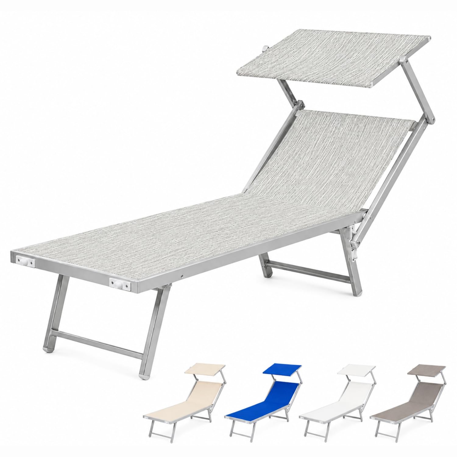 PALUPLUS Lettino Prendisole Professionale in Alluminio, Misura 186x61x40 cm, Tessuto Textilene, con Tetto Parasole e Schienale Regolabile, per Spiaggia, Lido, Piscina, Portata 150Kg -8441F (Grigio)