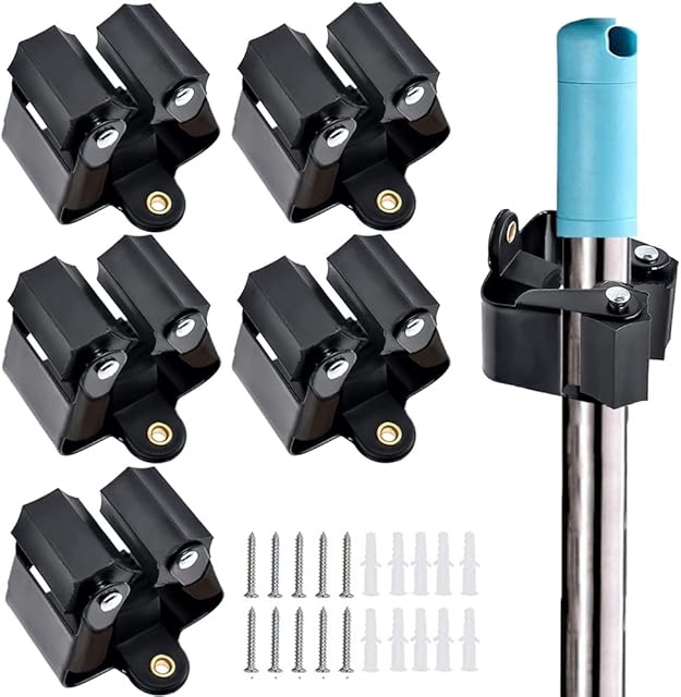 Mop Broom Holder, 5Pcs Mop Holder Wall Mounted Heavy Duty Broom Gripper Holders Hooks Sweeping Organizers Clips Hanger Brush Storage Rack for Bathroom, Kitchen, Office, Closet, Garden Garage (Black)