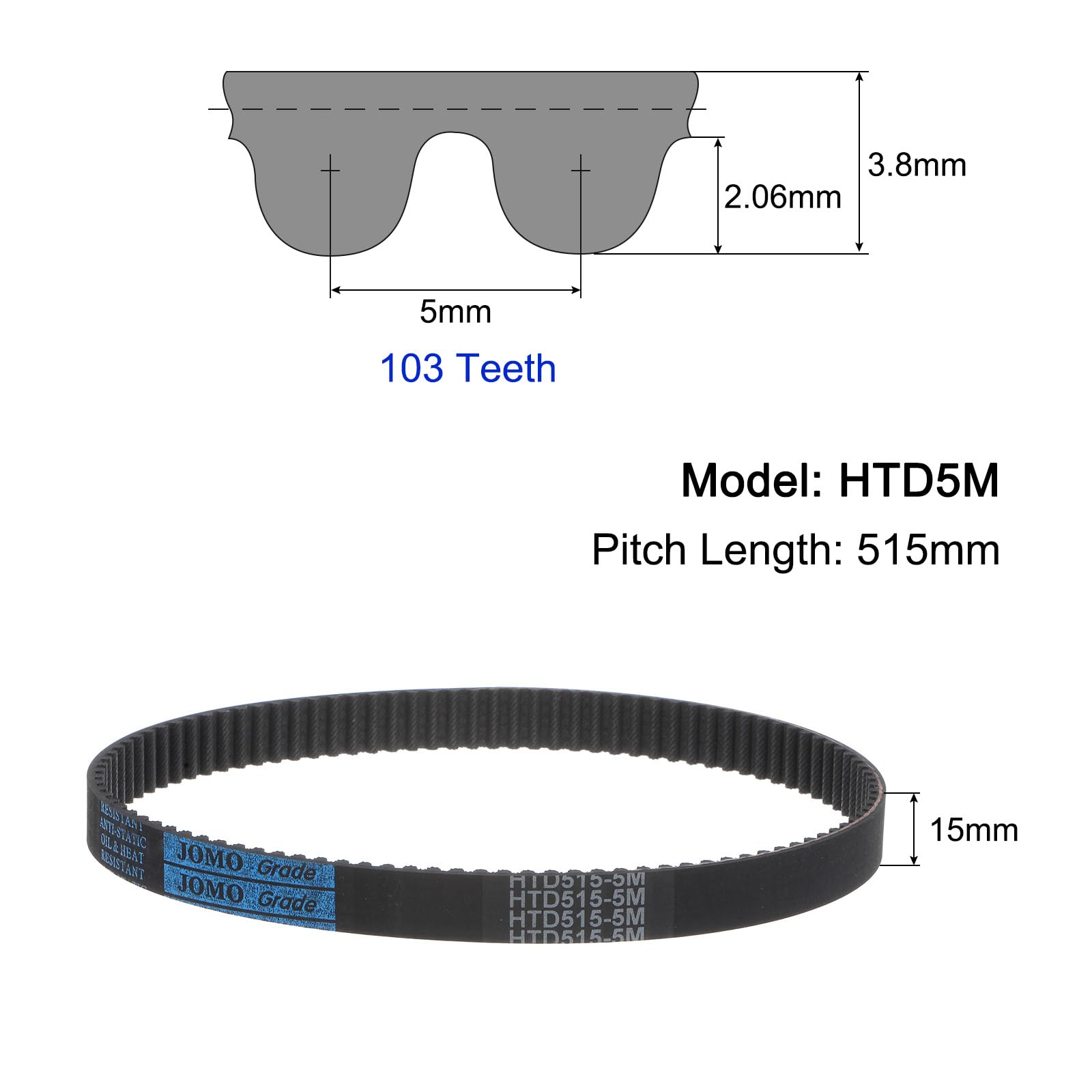 uxcell HTD-5M Rubber Timing Belt 103 Teeth, 515mm Pitch Length x 15mm Width x 3.6mm Height, Closed Loop Pulley Timing Belt — Amazon image 2