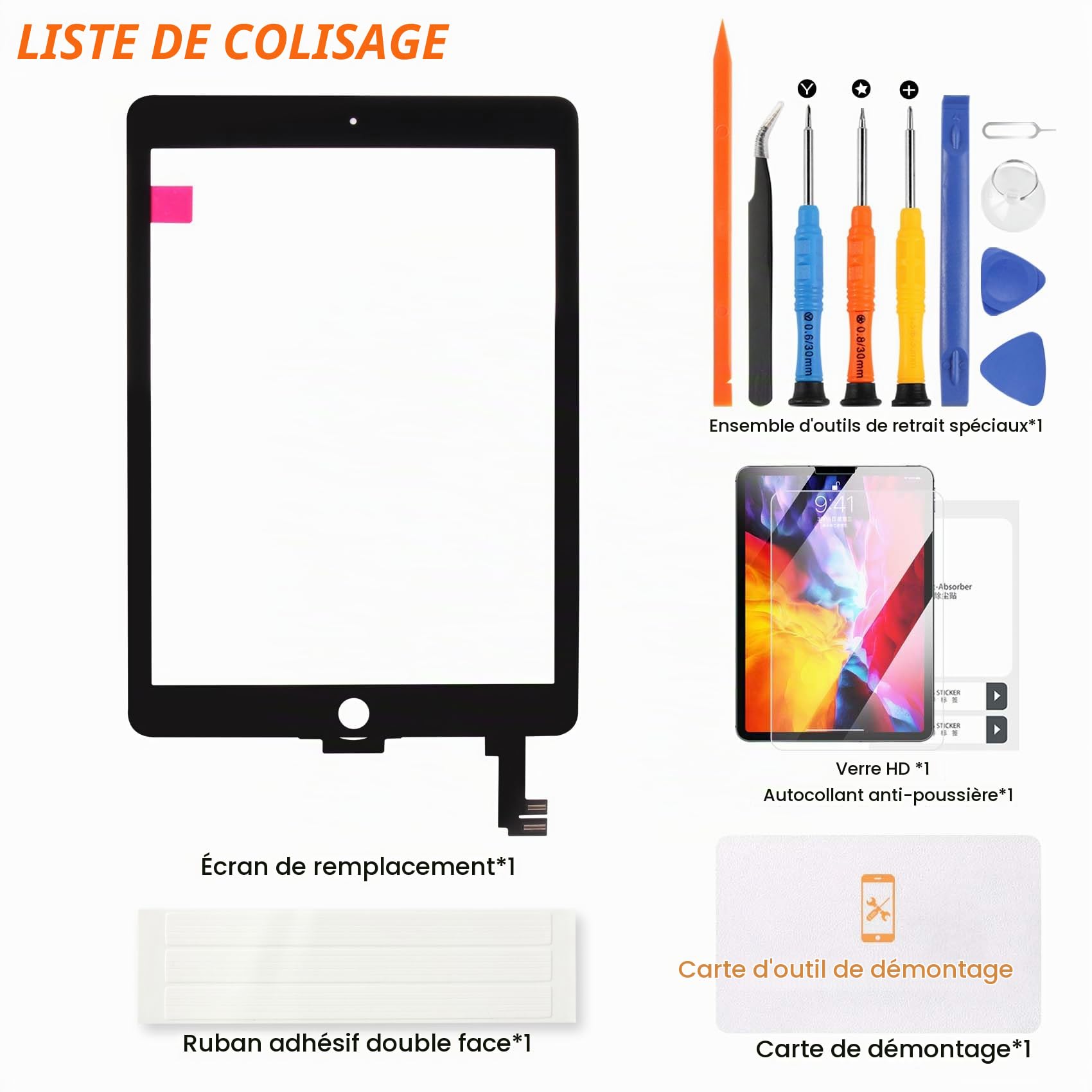 Écran pour iPad Air 2 9.7 A1566 A1567 Écran Tactile pour iPad Air 2nd Génération Numériseur Verre Capteurs Écran Remplacement Kit (Noir)