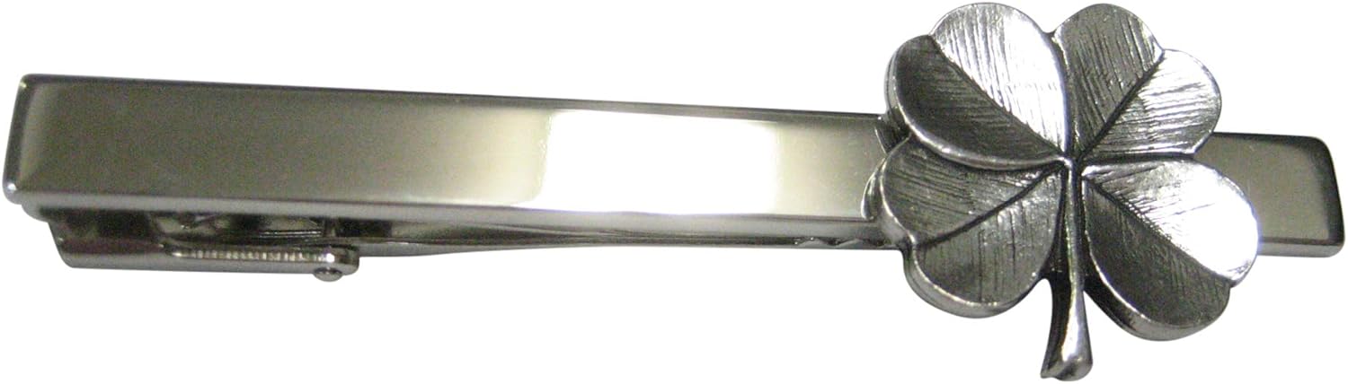 Kiola Designs Silver Toned Textured Lucky Four Leaf Clover Tie Clip