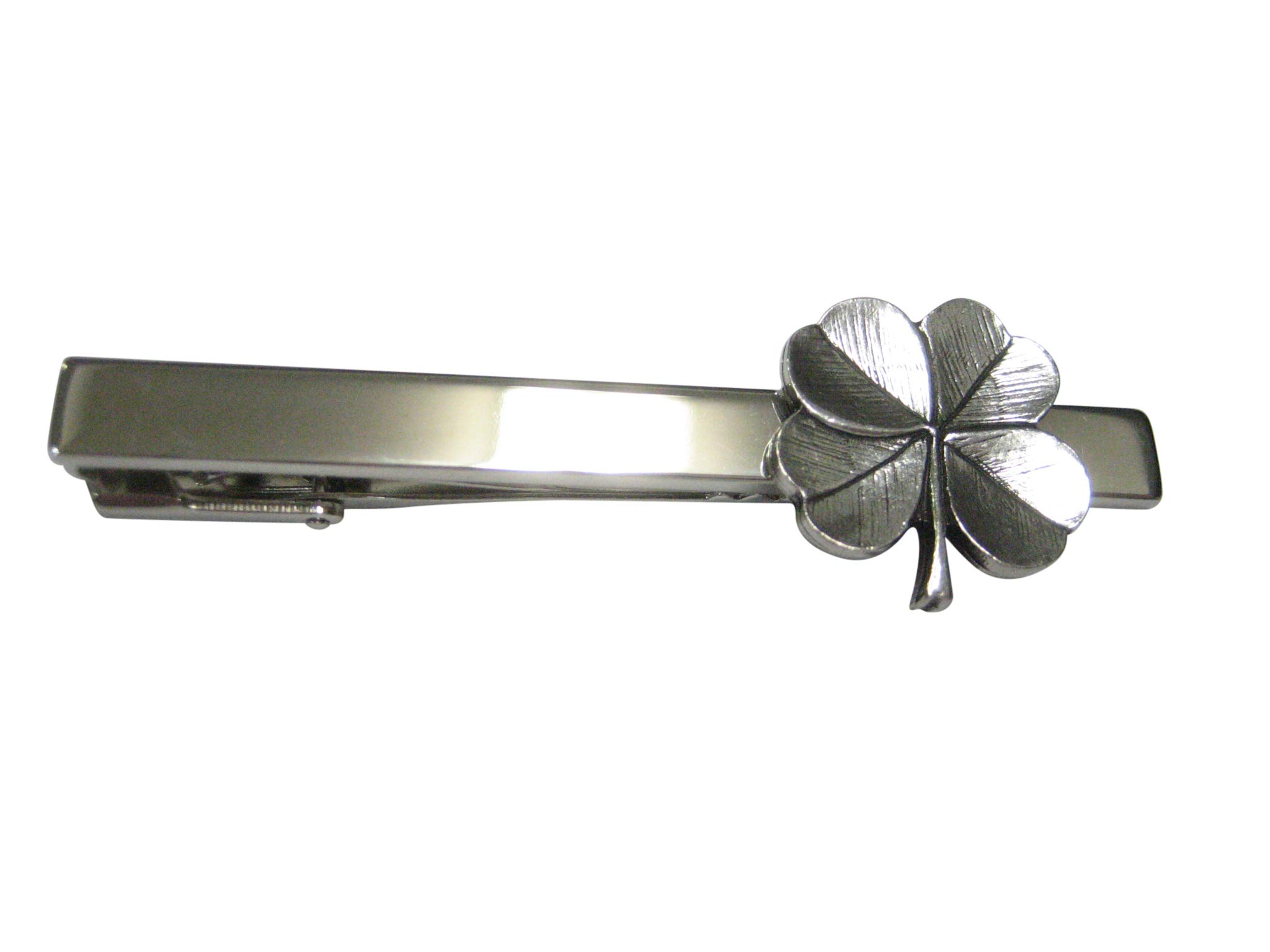 Kiola Designs Silver Toned Textured Lucky Four Leaf Clover Tie Clip