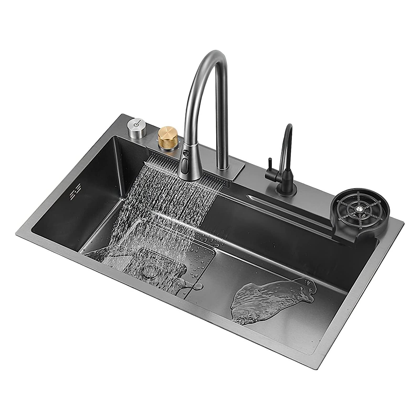 Single Bowl Utility Sinks ,Black Undermount Drop-in Installation Workstation Sink, Thickened Sink with Counter Control Drainer/Cup Washer and Pull-down Faucet,for Laundry bar Kitchen ( Size : 75