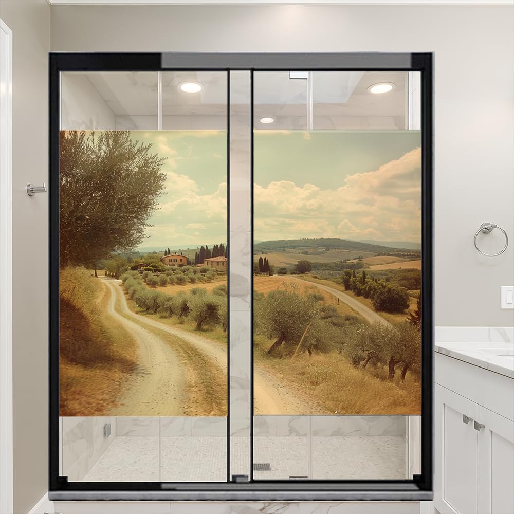 Retro Rustikale Pfad Fenster Sichtschutzfolie Abstrakte Dorf Landschaft Landschaft Milchglas Fensterfolie Dekorative Statische Haftung für Glas für Zuhause 80 x 140 cm x 2 Stück