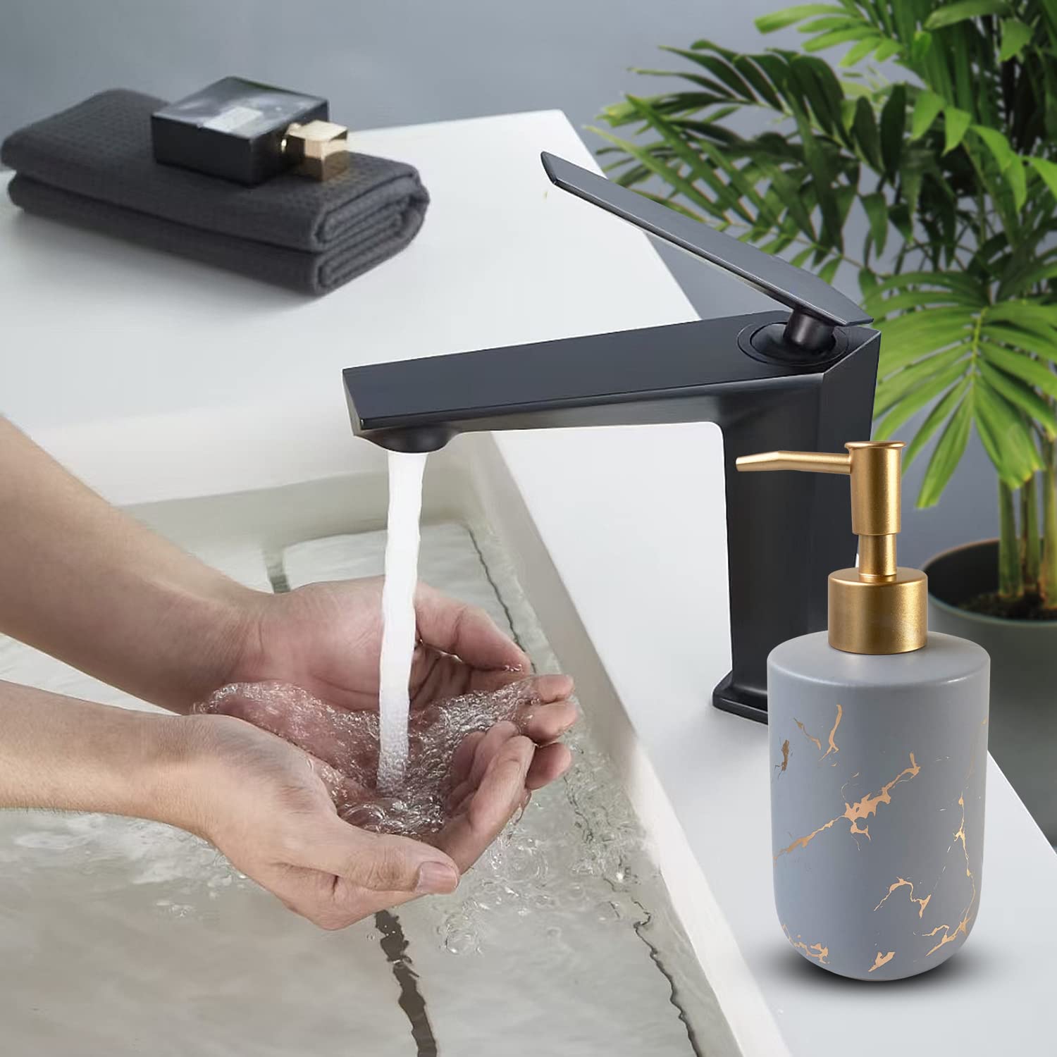 Dispenser di sapone in ceramica dorata con motivo marmorizzato, per bagno e cucina, bottiglia con erogatore manuale per liquido (grigio)