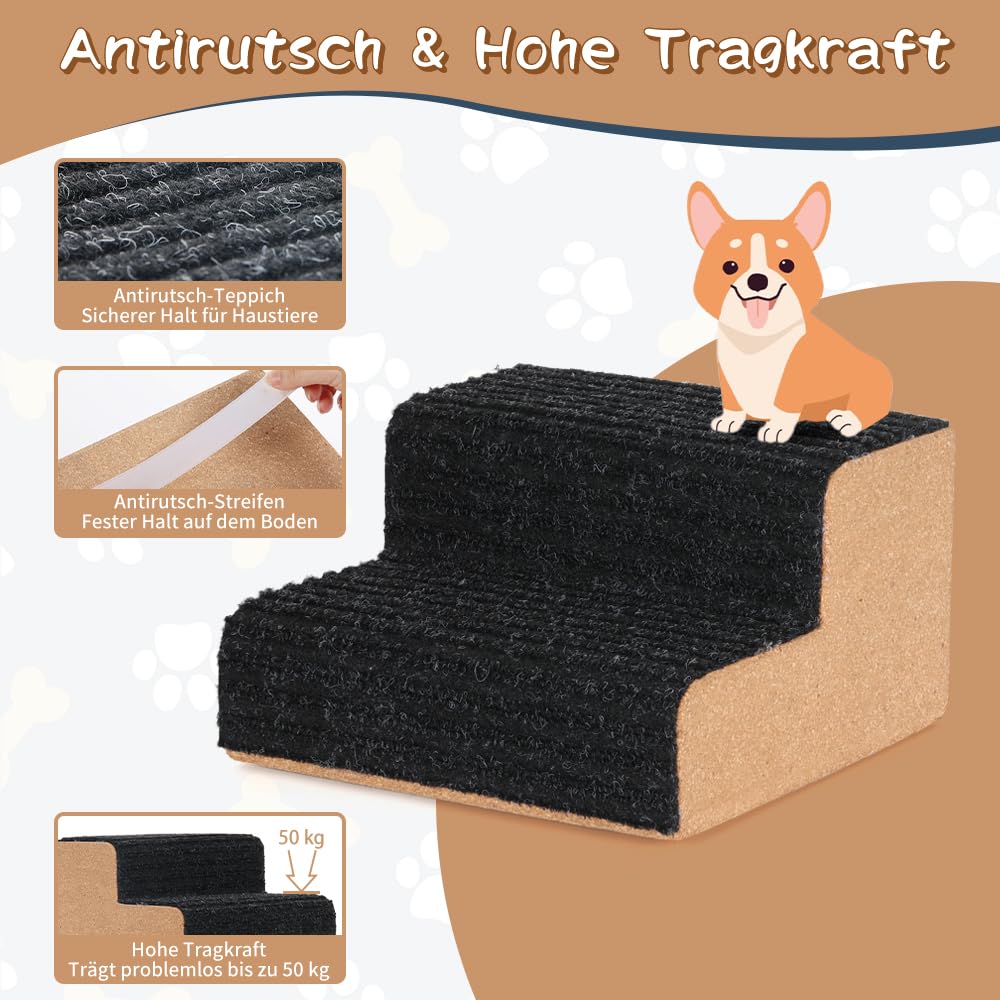 SMONTER Hundetreppe 2 Stufen für kleine Hunde, Haustiertreppe aus Holz mit 2 Silikonstreifen für sicheren Halt, Hundetreppe für Haustreppe hohe Betten & Couch (25x24x15 cm) 4 Stück