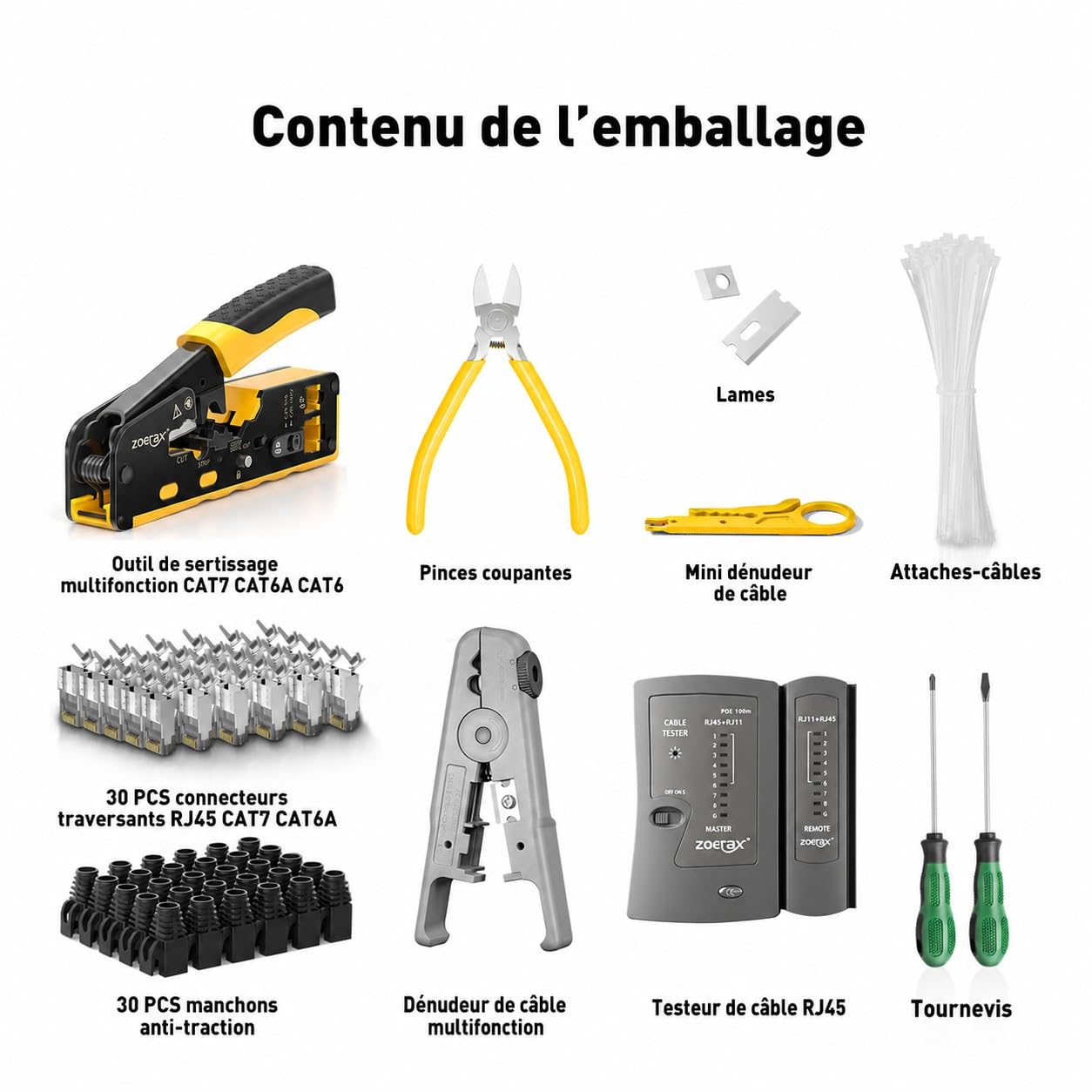 Outil de sertissage Cat7 RJ45, Cat 7 Cat6A, kit d'outils de sertissage réseau avec testeur de câble, dénudeur multiplié, lames, 50 connecteurs Cat 7 et bottes anti-traction