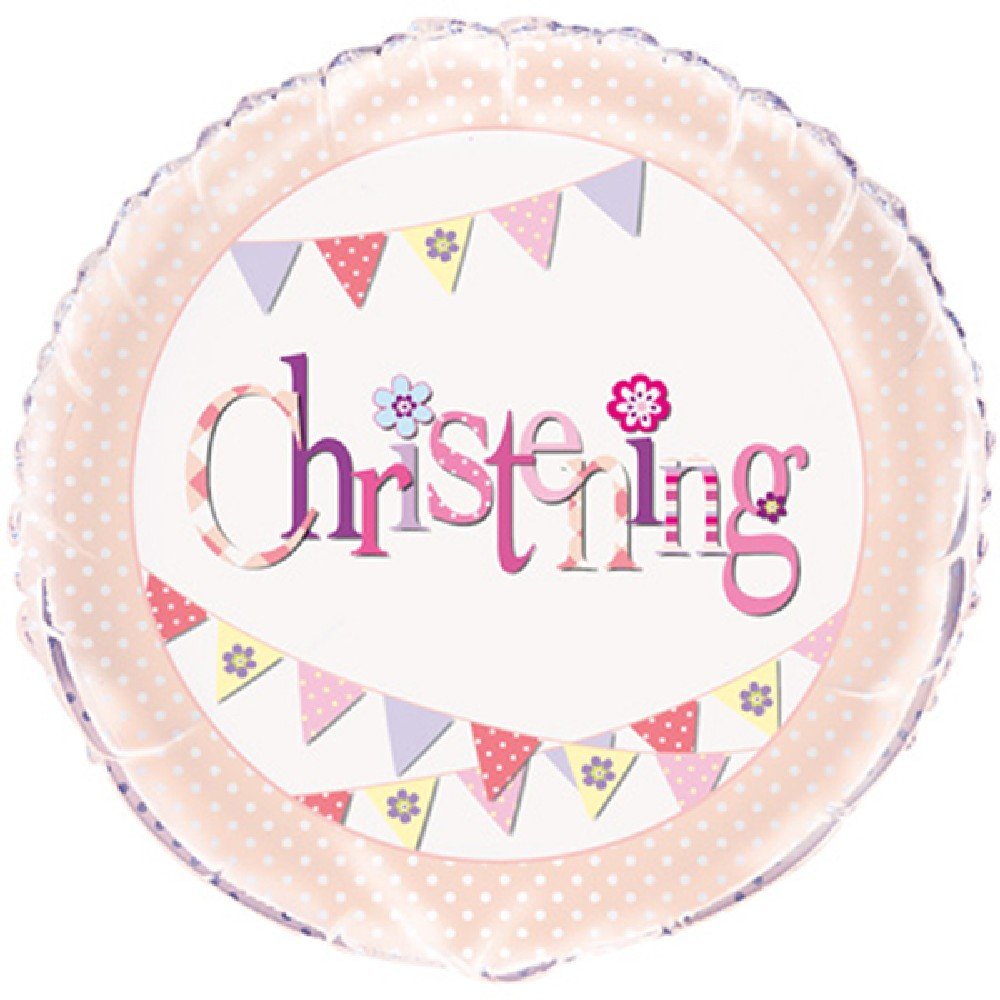 Pink Bunting Christening Round Foil Balloon (45cm) 1 Piece - Beautiful Baby Girl's Celebration Decoration