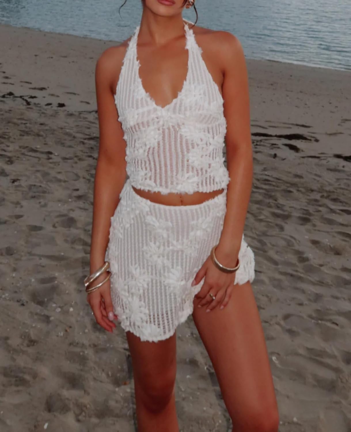 Y2k Mini Skirt Sets for Women Beach Vacation Lace Skirt and Backless Halter Tie Crop Tops Going Out 2 Piece Outfits - Image 2