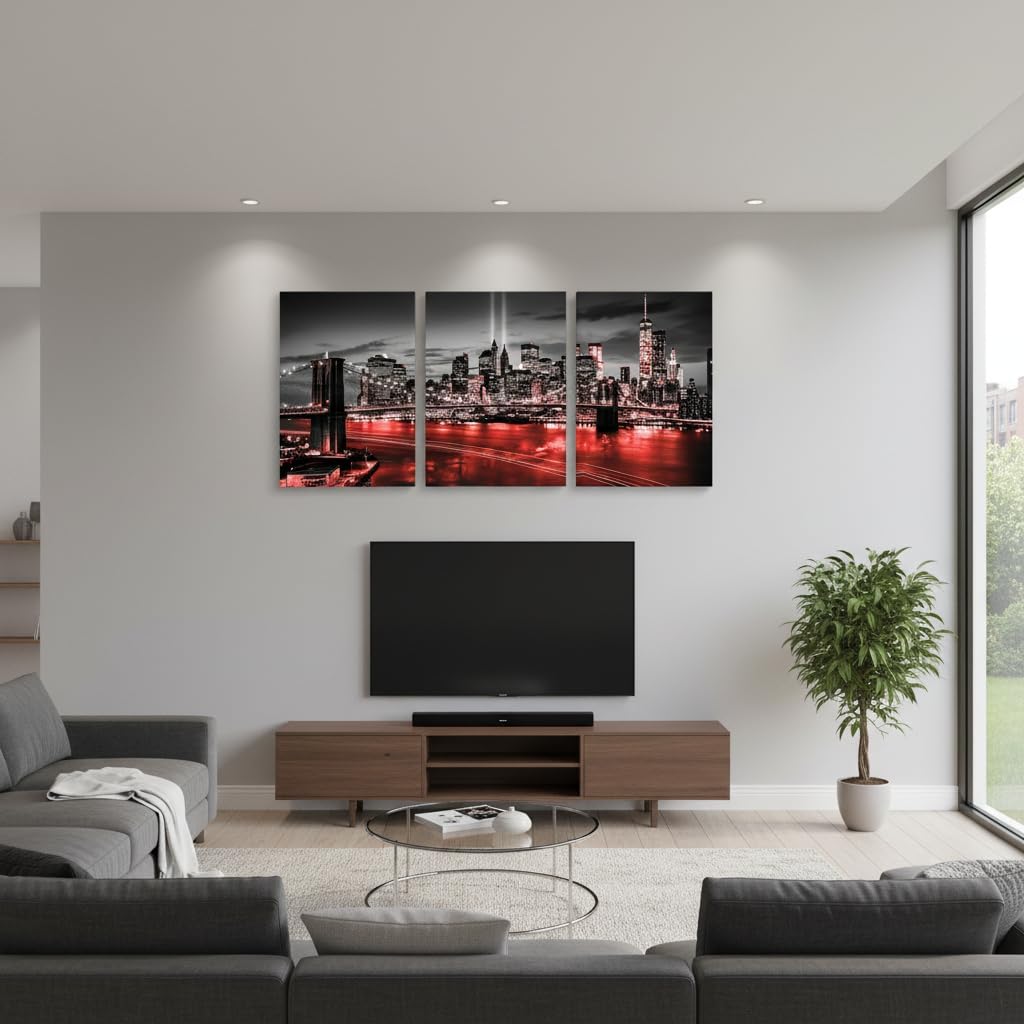 Conipit New York Brooklyn Bridge Canvas Wall Art Black and White Red City Pictures NYC Skyline Artwork Modern Night View Painting for Home Living Room Bedroom Office Decor 12x16 Inch (Red, Small)