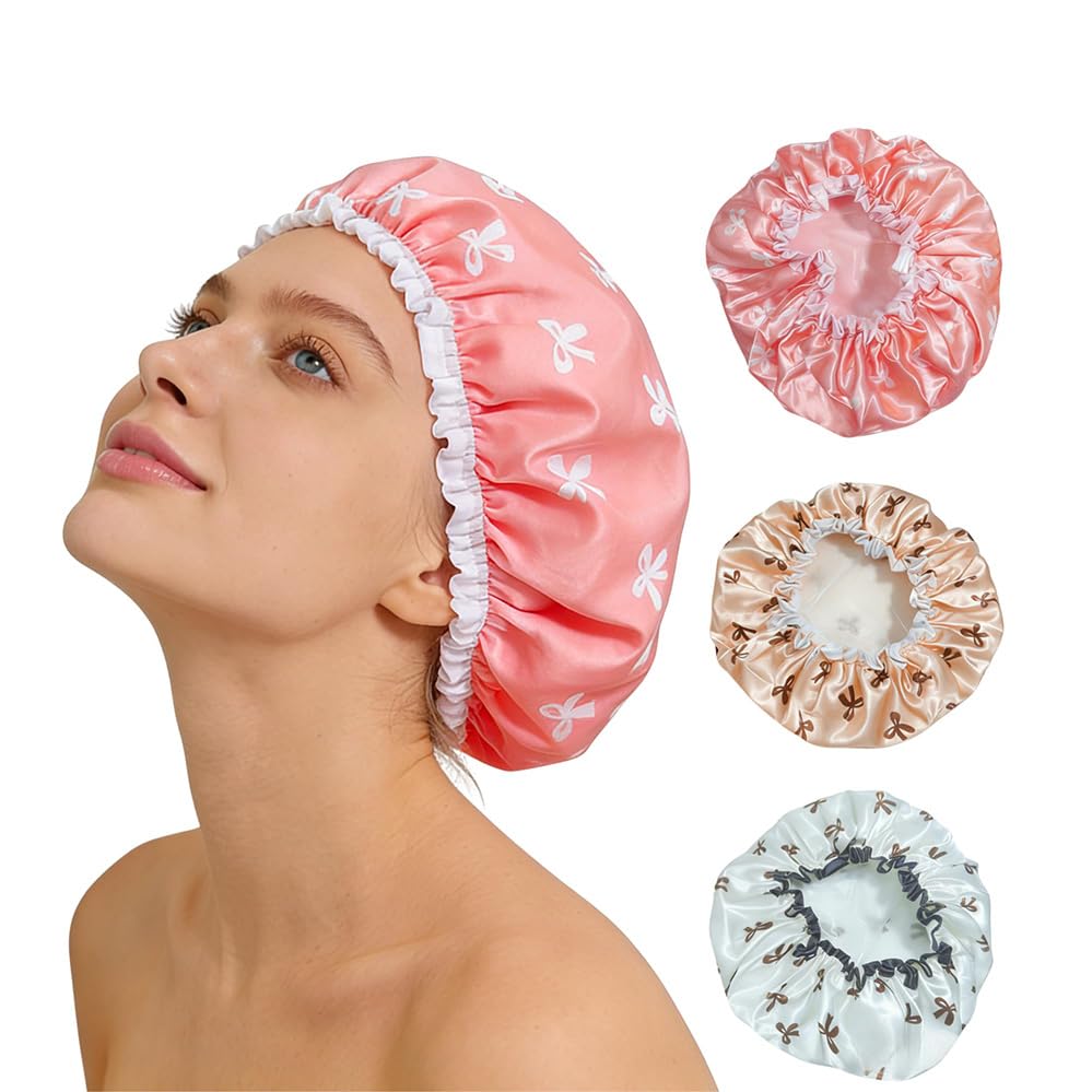 3 PCS Shower Cap for Women Reusable Waterproof Shower Cap, Double Layer Design for Hair Protection During Bathing and Showering, Set of Three Caps in Pink White and Rose Gold Colors-image-22