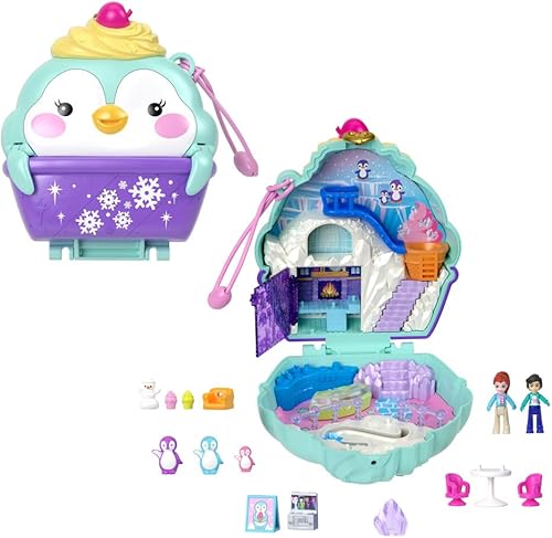 Polly Pocket Muñecas y juego de juguete, juguete de viaje con exterior inquieto, pingüino dulce de nieve compacto con 12 accesorios