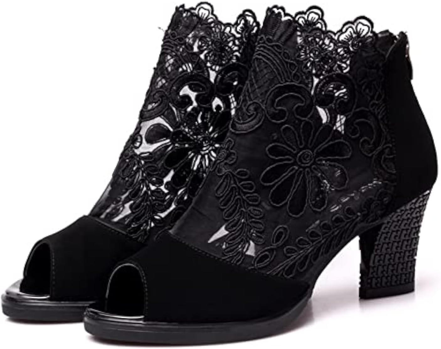 Women's Flowers Lace Fish Mouth Open Toe High Heels Sandals with Back Zipper Cutout Breathable Non-Slip Block Heeled Ankle Bootie Sandals Fashion Wedding Party Dress Shoes