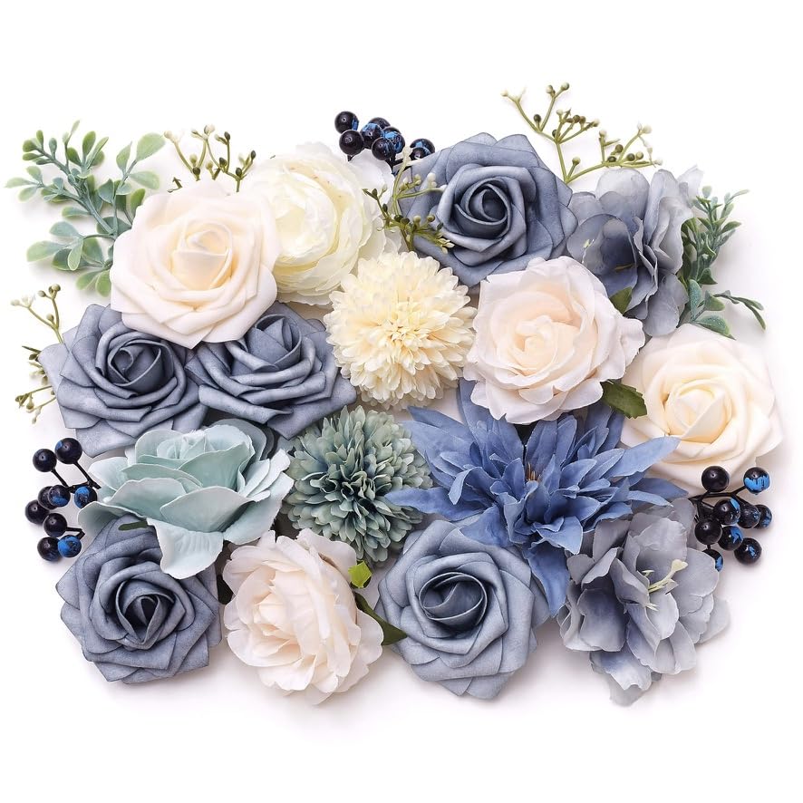 The Baked Studio - Artificial Silk Flower Heads & Foilage For Cake Decorating, Weddings & Crafts (Blue, White & Cream)