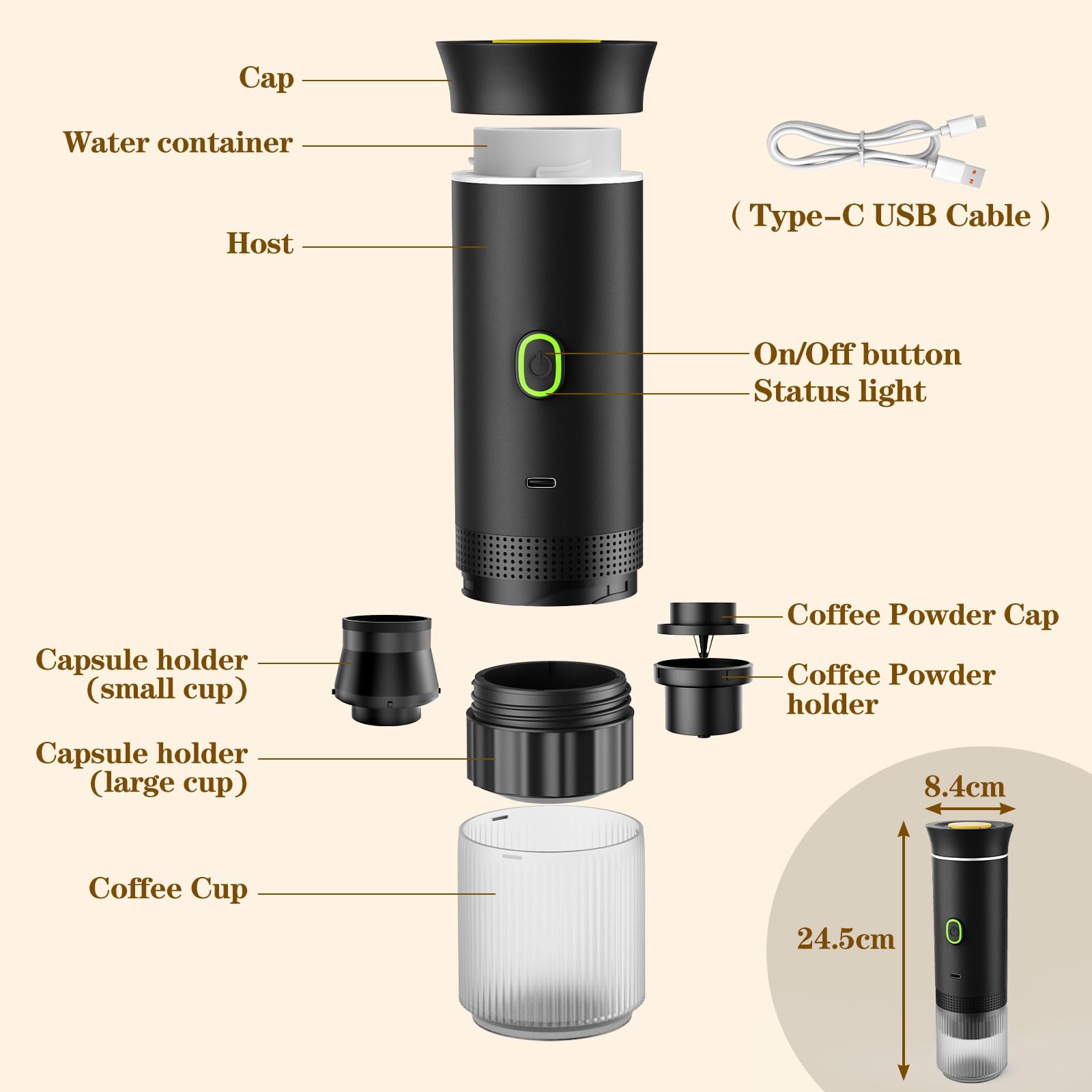 Cafetera Espresso Eléctrica Portátil 3 en 1, Cafetera de Viaje, Cafetera de Coche Autocalentable con USB-C, 20BAR Presión, para Cápsulas Pequeñas o Grandes y Café Molido