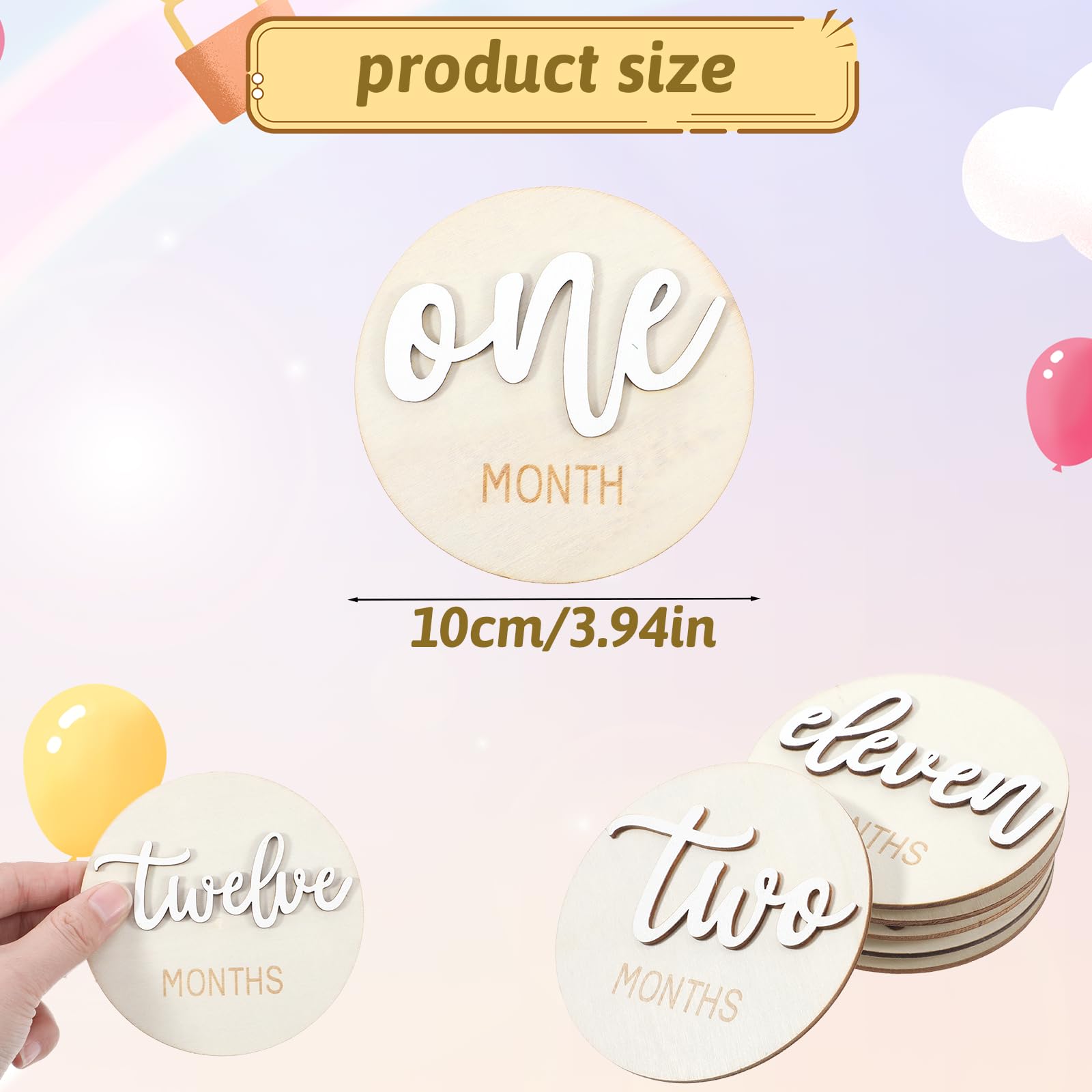 6 Pcs Baby Milestone Cards, Double Sided Wooden Monthly Milestone Signs 10CM 3D Newborn Age Announcement Sign from 1-12 Months (White) - Image 2