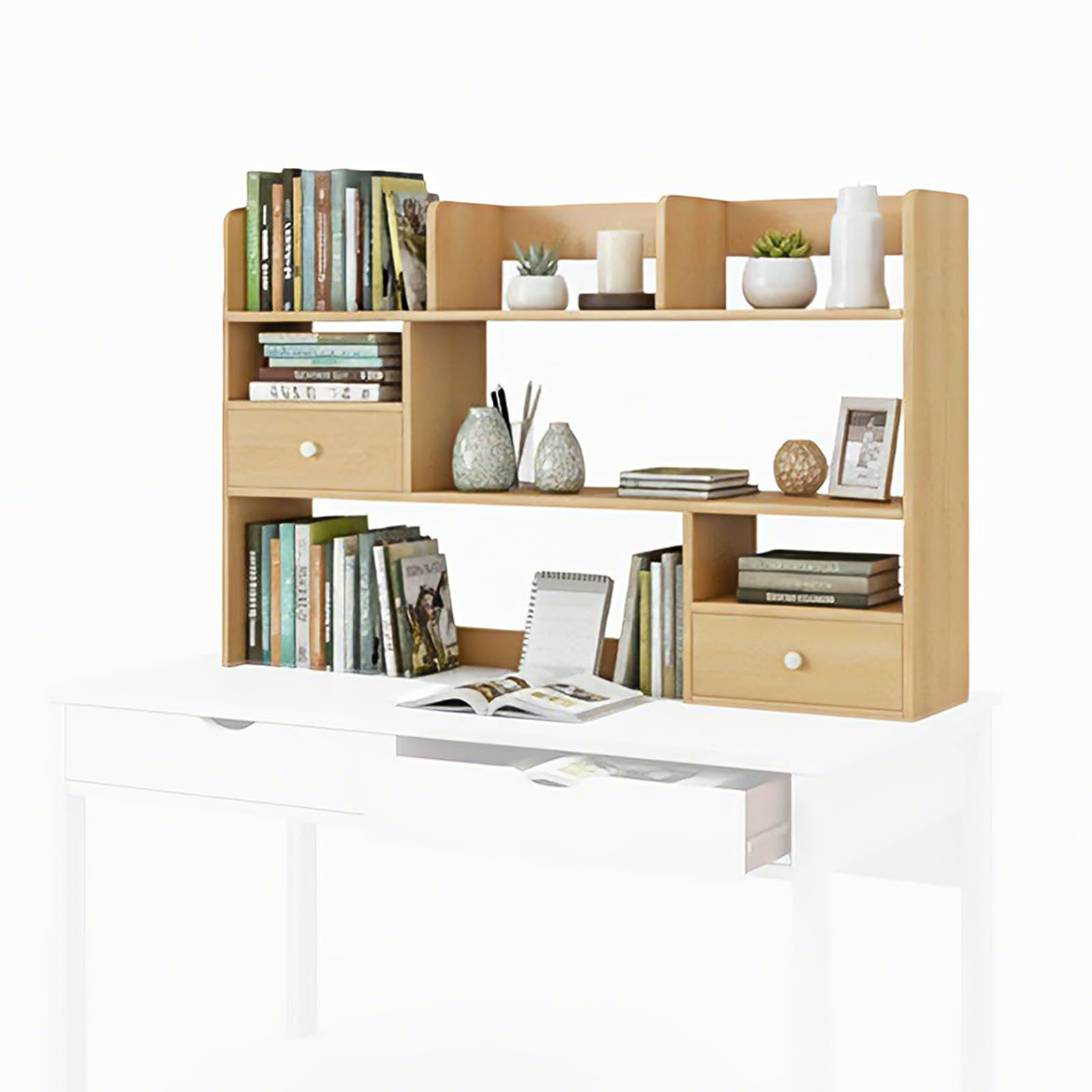 Libreria da Scrivania Salvaspazio Scaffale in Legno Moderno, Mini Libreria da Tavolo con Cassetti Chiusi, Mensole da Scrivania per Cameretta e Studio 60/80x17x80cm(Size:80x17x80CM)