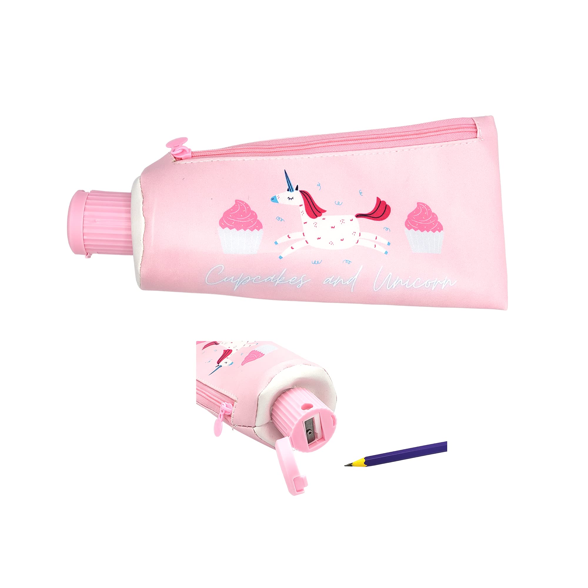 Pencil Case Pouch with Built-in Sharpener, Shaped like a Toothpaste Tube, Spacious and Large Capacity for Kids (Unicorn Pink)