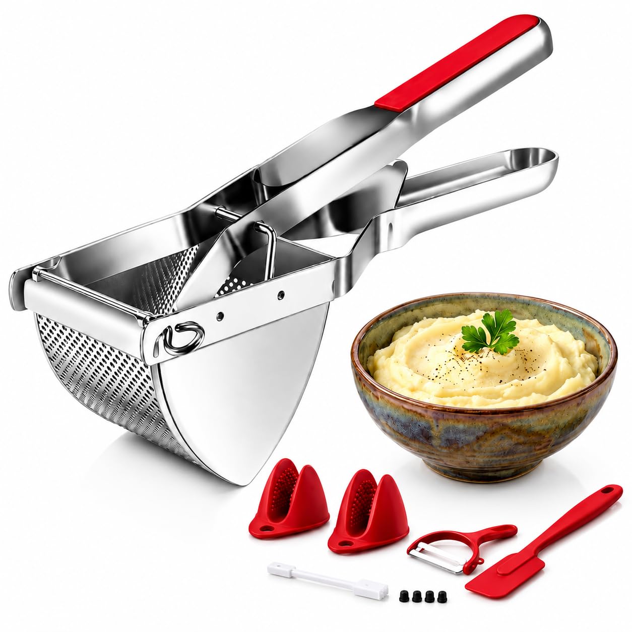 Potato Ricer Stainless Steel, 6-in-1 Potato Masher & Press with 3 Replaceable Discs, Heavy Duty Potato Mincer with Peeler, Silicone Spatula, Cleaning Brush & Heat Resistant Gloves, Dishwasher Safe