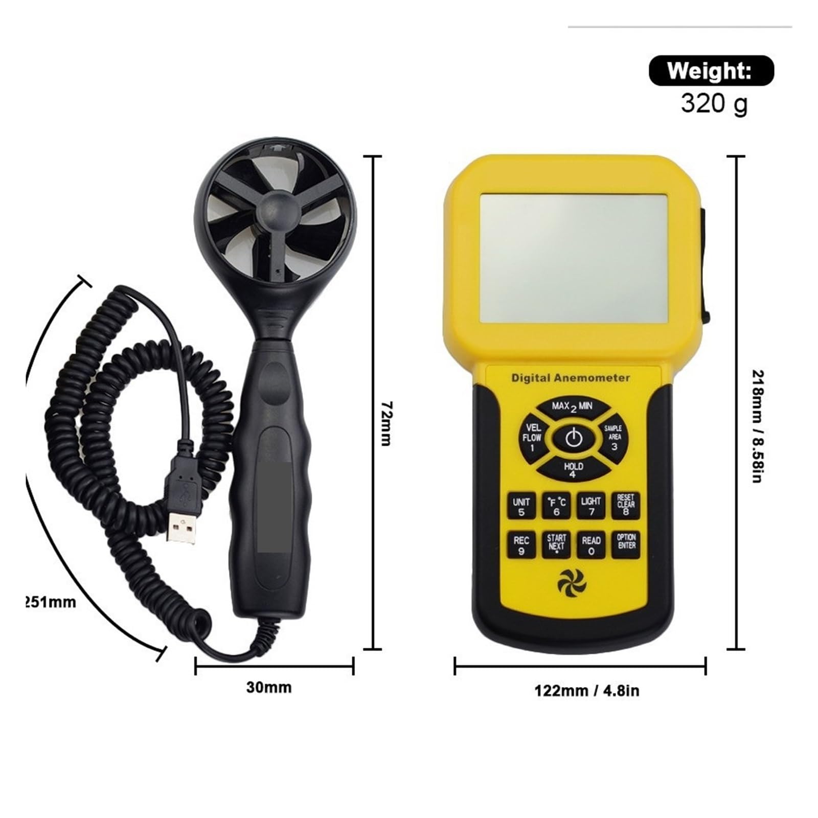 Anemómetro, Anemómetro digital del medidor de velocidad del viento for la velocidad del aire, temperatura del flujo de aire, máx./promedio/corriente