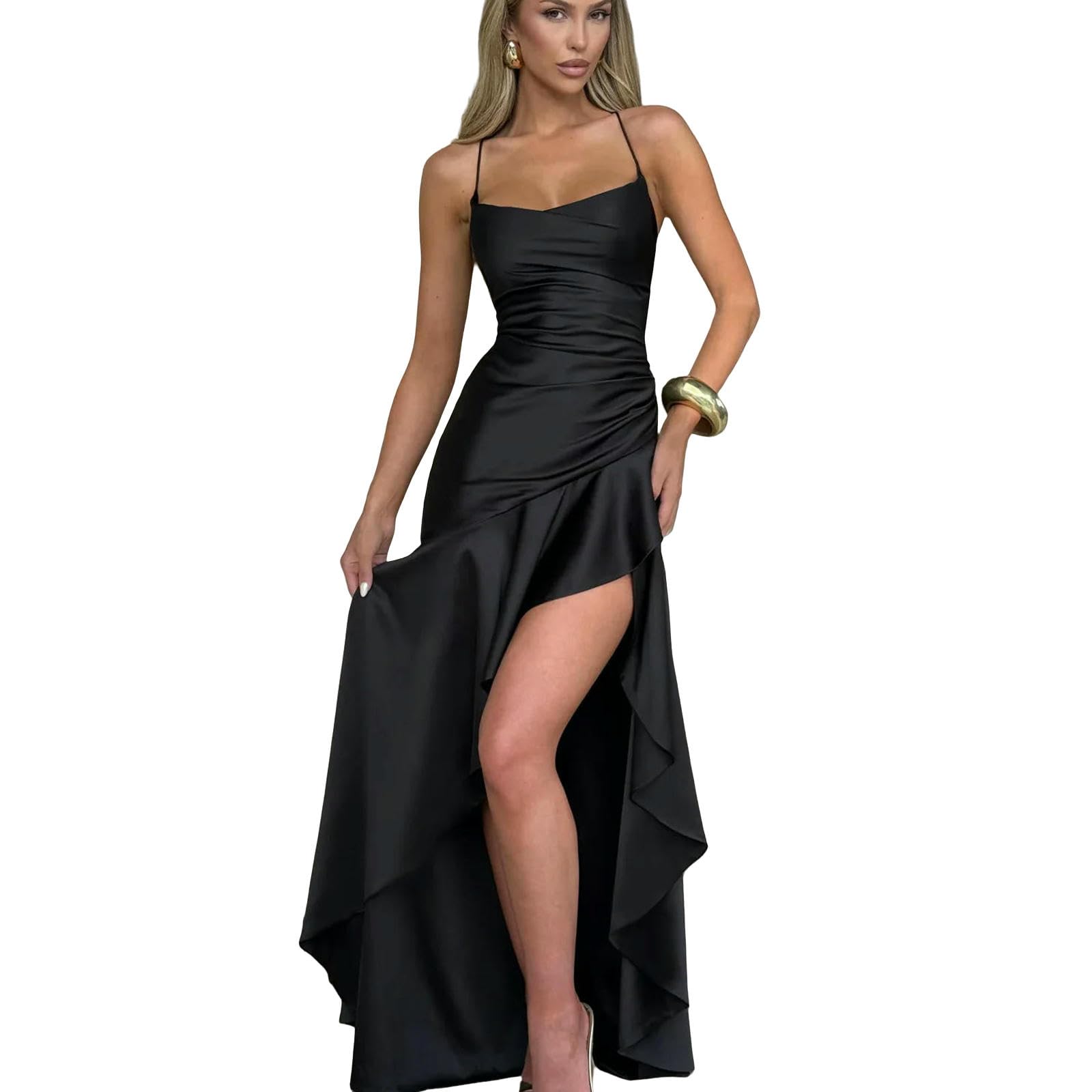CHENSHI Sukienki na imprezę damskie eleganckie eleganckie spaghetti z satynowymi paskami rozcięcie maxi kobiety seksowne bez pleców z tyłu wieczorowe sukienka na plażę wakacje lato - granatowy - L