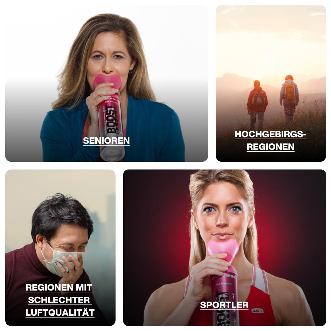 Boost Oxygen Sauerstofflasche für Unterwegs mit 95% Sauerstoff - 54L, 6x9L Sauerstoffdose mit Sauerstoffmaske für mehr als 900 Inhalationen- mobiler Sauerstoff Inhalator (Rosa Grapefruit Geschmack)