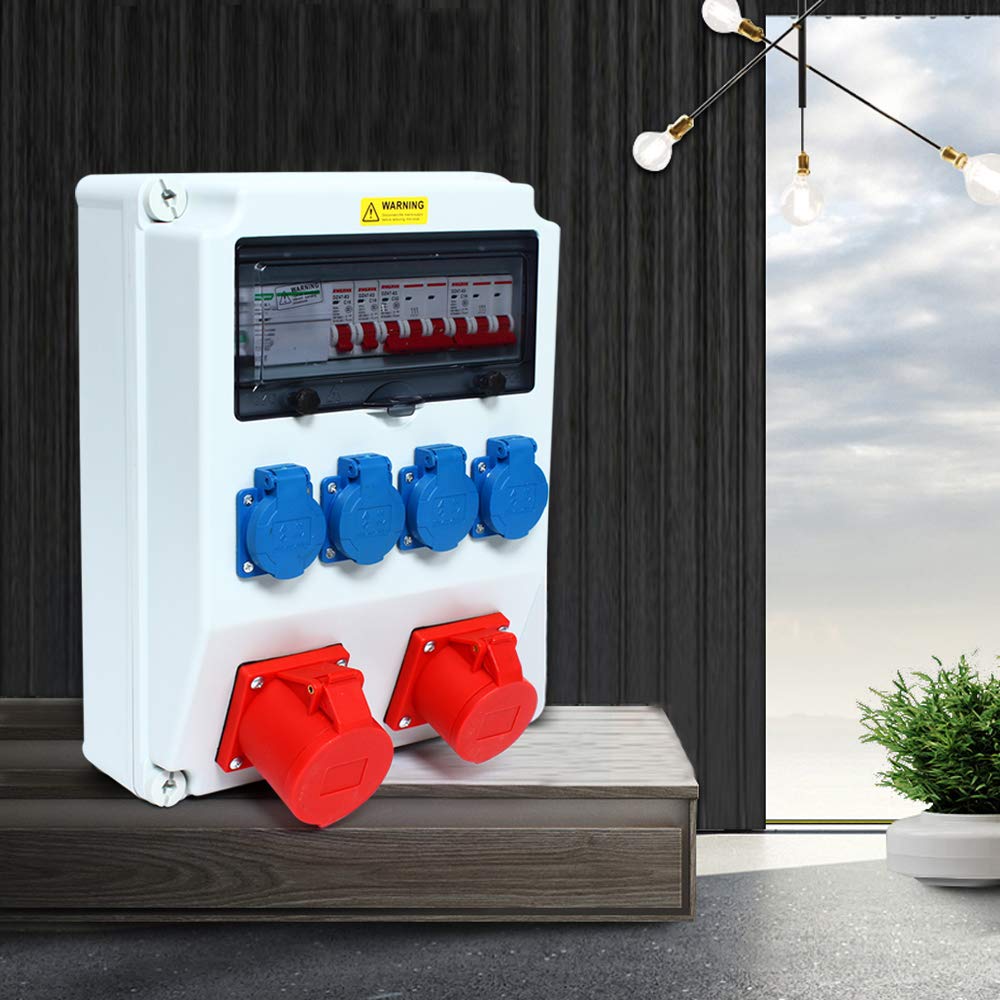 Distribuidor de corriente para edificios, distribuidor de pared, interruptor eléctrico, caja de distribución de enchufes para obras de construcción, incluye 4 enchufes Schuco 2P + E de 16 A, enchufes